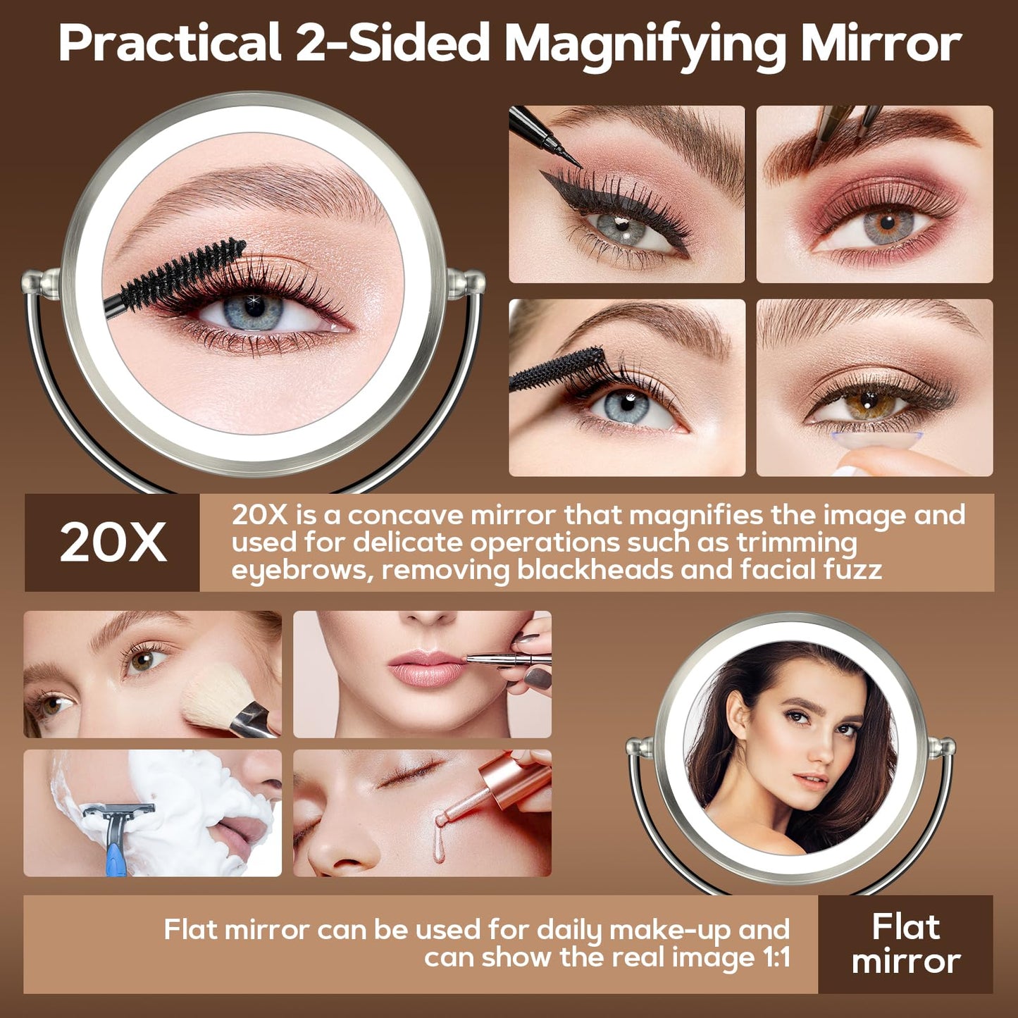 Makeup Mirror With Lights, 20X Magnifying With 3 Colors, 8.5" Vanity for Desk, Adjustable Brightness, 2-Sided Physical Buttons Tabletop (Nickel Alloy)