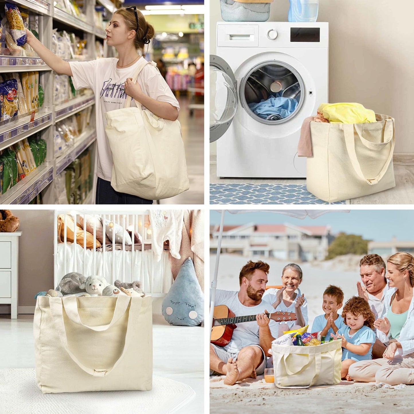 VitaSerena Canvas Grocery Bags with Dual Handles(3pc XL), Large Reusable Shopping Bags for Groceries, Inner Pockets, Washable, Shrink Resistant, Heavy Duty, Foldable