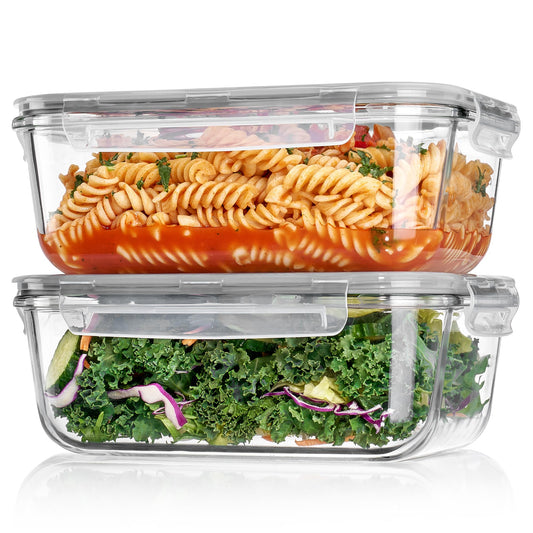 Vtopmart 2Pack 1860ml/63oz Large Glass Storage Containers with Lids, Meal Prep Food Container Set with Snap Airtight Lid for Baking, Microwave, Oven, Leak Proof, for Freezer, Dishwasher, Grey