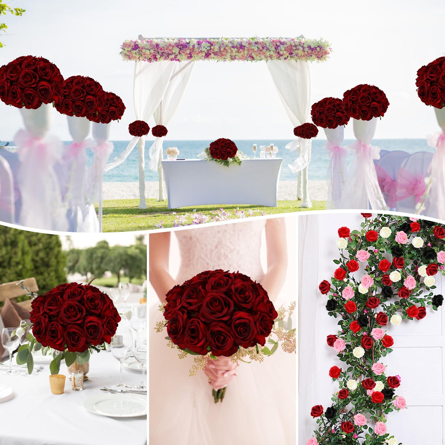 Nubry 50pcs Artificial Burgundy Roses Bulk, Fake Red Roses Flower with Stems Realistic Flowers for Wedding Centerpiece Home Party Decor(Burgundy)