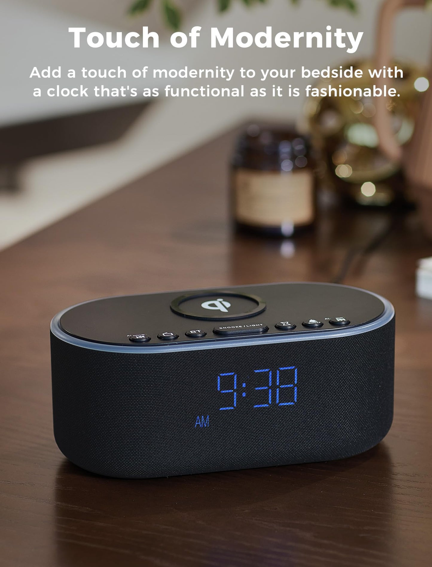 Odokee Wireless Charging Alarm Clock Radio: Qi Certified Fast Wireless Charger for iPhone Samsung - 10W Stereo Bluetooth Speaker - Dimmable Digital Clock with FM Radio for Bedroom Black