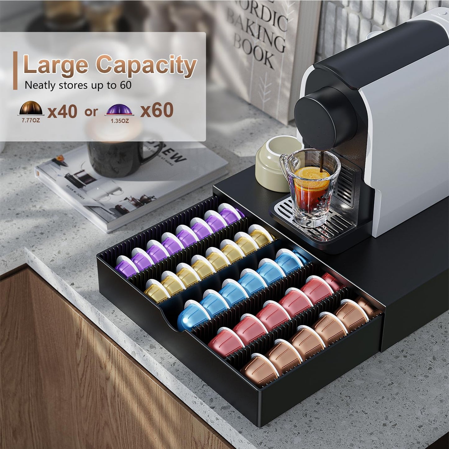 OUTIOE Coffee Pods Drawer Organizer Compatible with Nespresso Vertuo Pods Holds Up to 60 Small or 40 Large (Black)