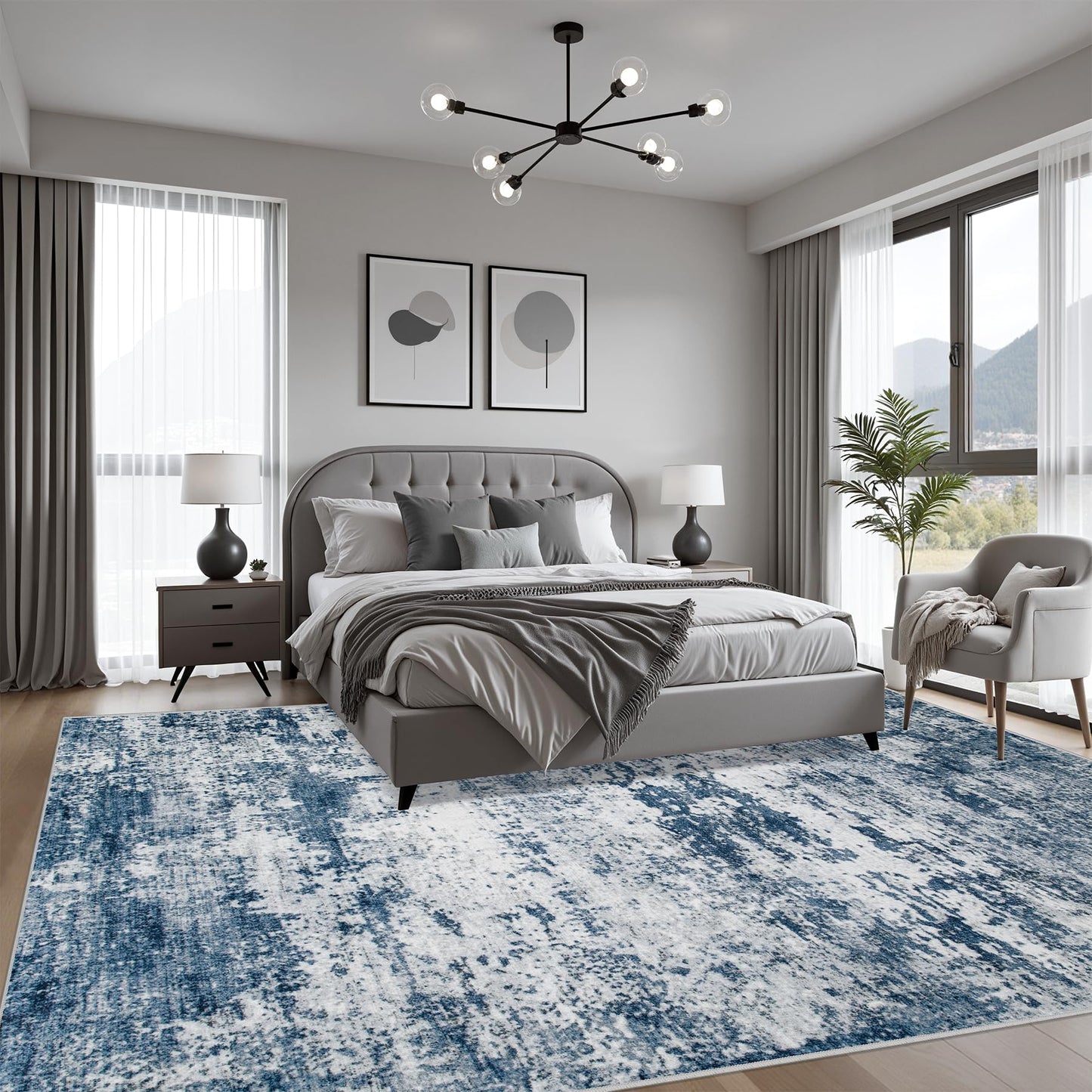 5x7 Area Rug Living Room Rug: Washable Modern Abstract Soft Thin Rug Indoor Floor No Slip Stain Resistant Carpet for Bedroom Dining Room Farmhouse Nursery Home Office - Blue