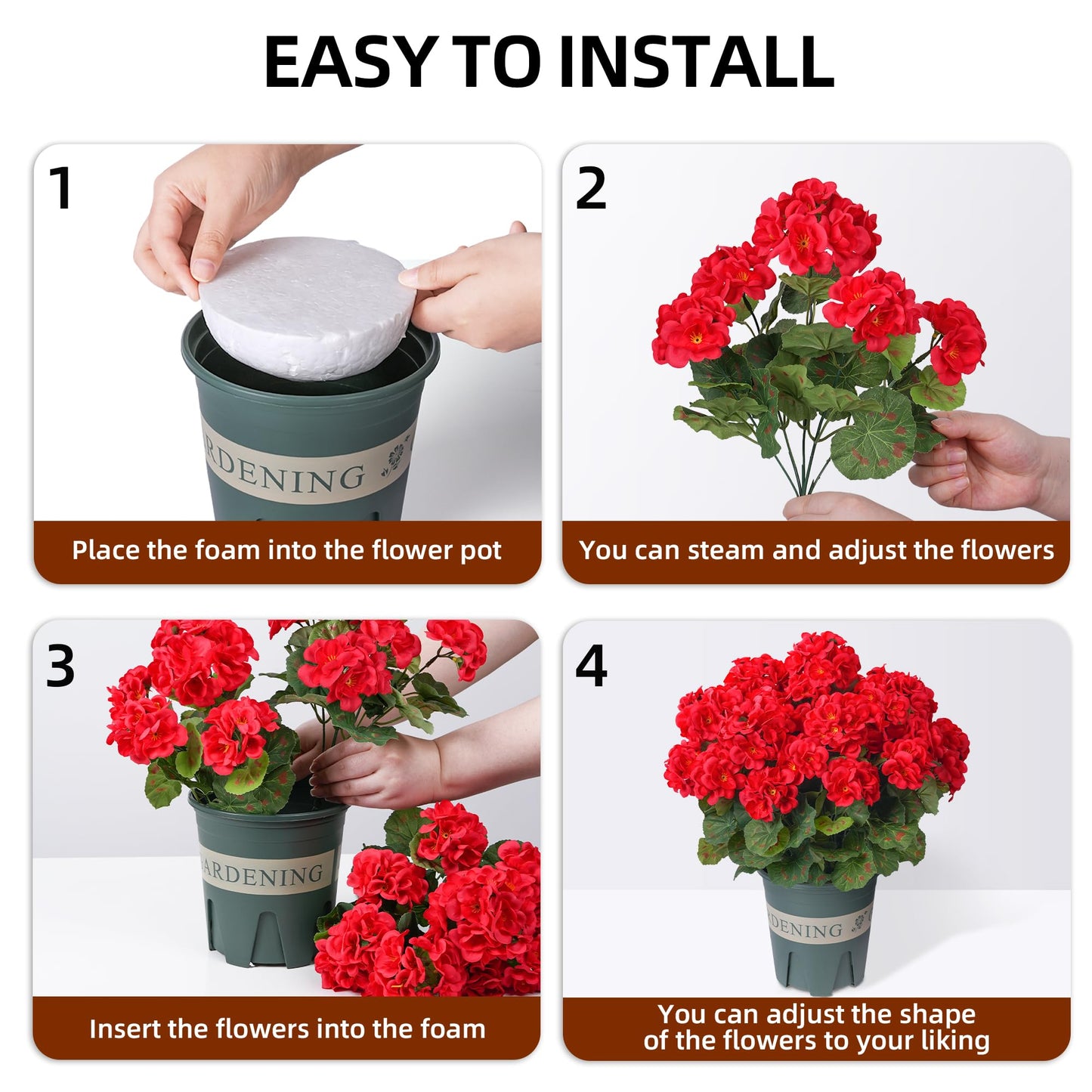 Geraniums Artificial Flowers for Outdoors, 2 Pack Potted Plants Red Faux Geraniums Bush Artificial Topiaries Realistic UV Resistant Fake Flowers Plants for Planters Outside Gardens Front Door Indoor