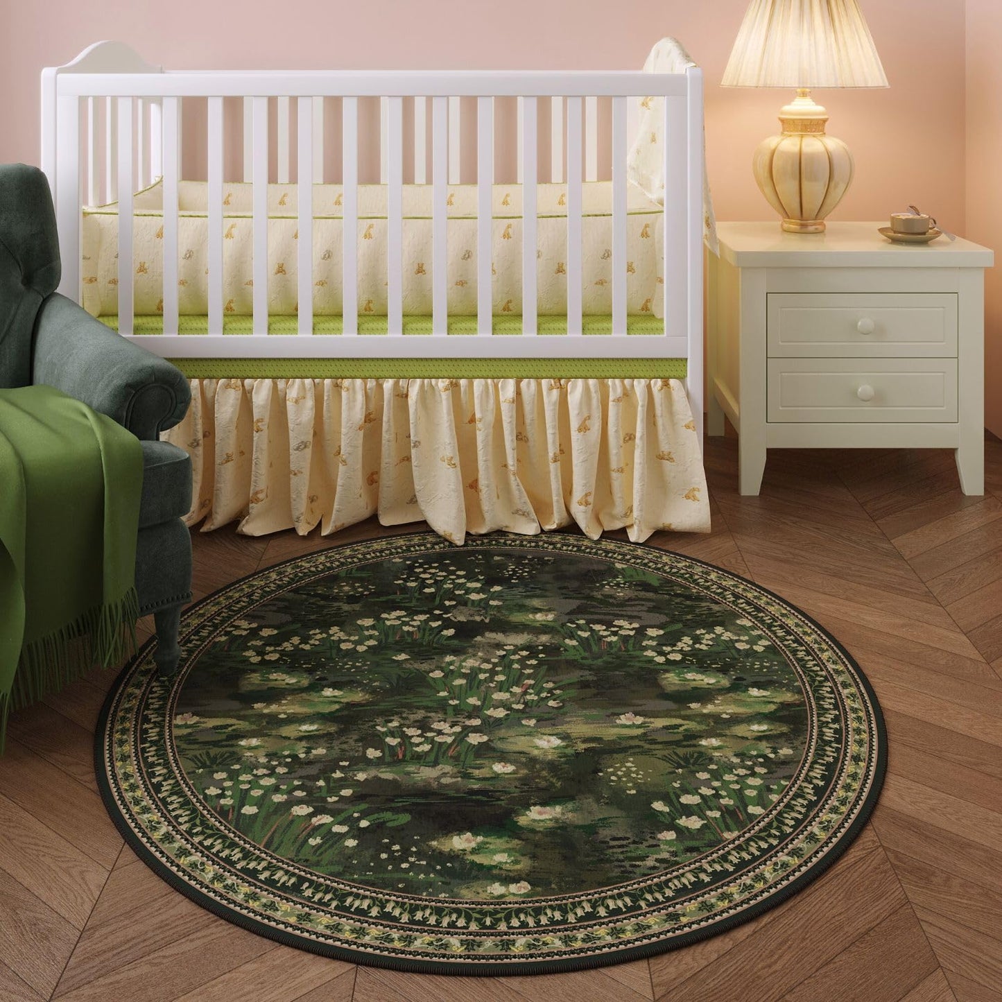 Rugcomf Circle Rug Impressionist-Style Vintage Round Rug 4ft Non Slip Low Pile Small Circular Rug for Bedroom Bathroom Entryway Kids Room Office College Dorm, Green