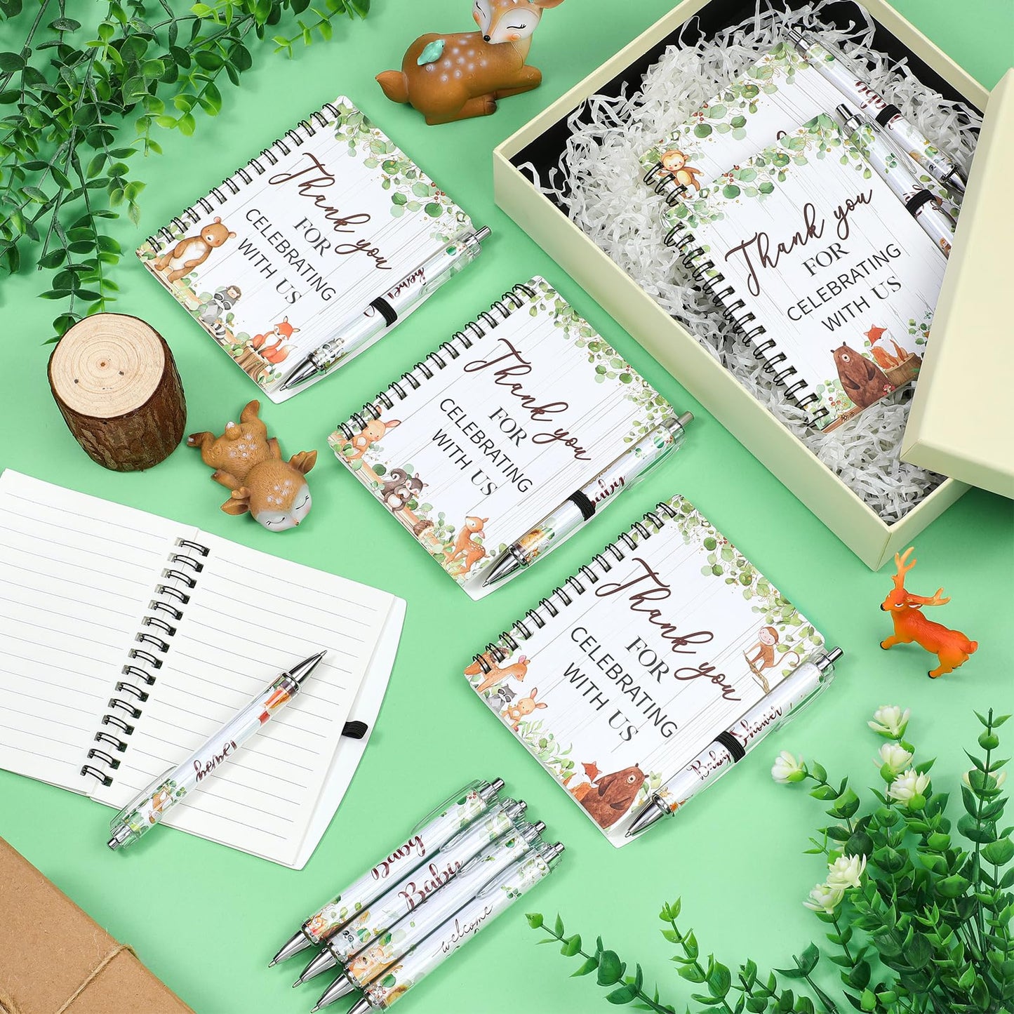 Skyygemm 60pcs/30 Set Woodland Animal Baby Shower Gifts bulk for Guests Includes Woodland Animal Small Spiral Notebook Bulk Forest Retractable Ballpoint Pen for Baby Shower Gender Reveal Guest