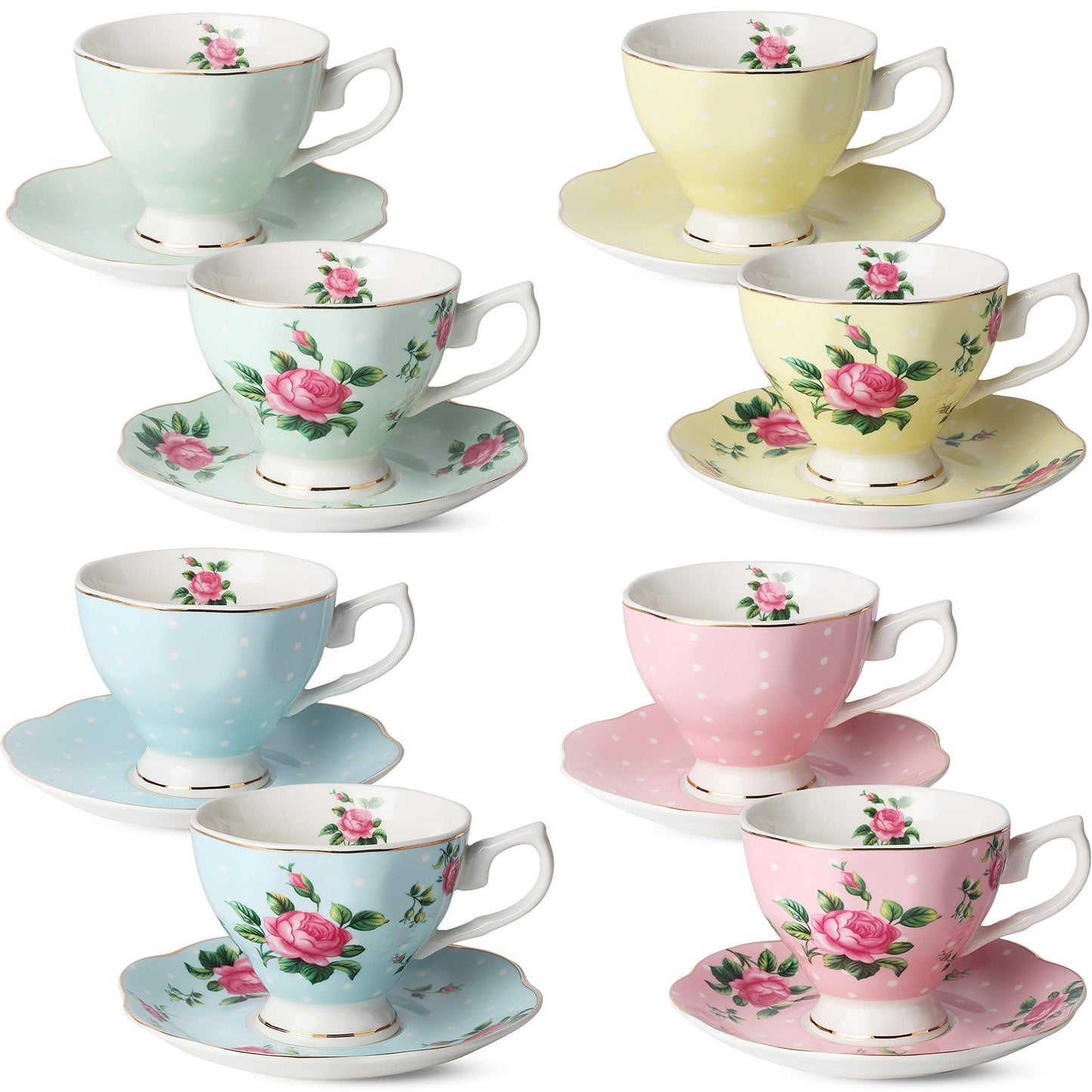 BTaT- Floral Tea Cups and Saucers, Set of 8, 8 oz, Fine Porcelain Teacup Set with Gold Trim for Afternoon Tea, Weddings, Parties & Gifting, Dishwasher Safe, Lightweight, Non-Toxic