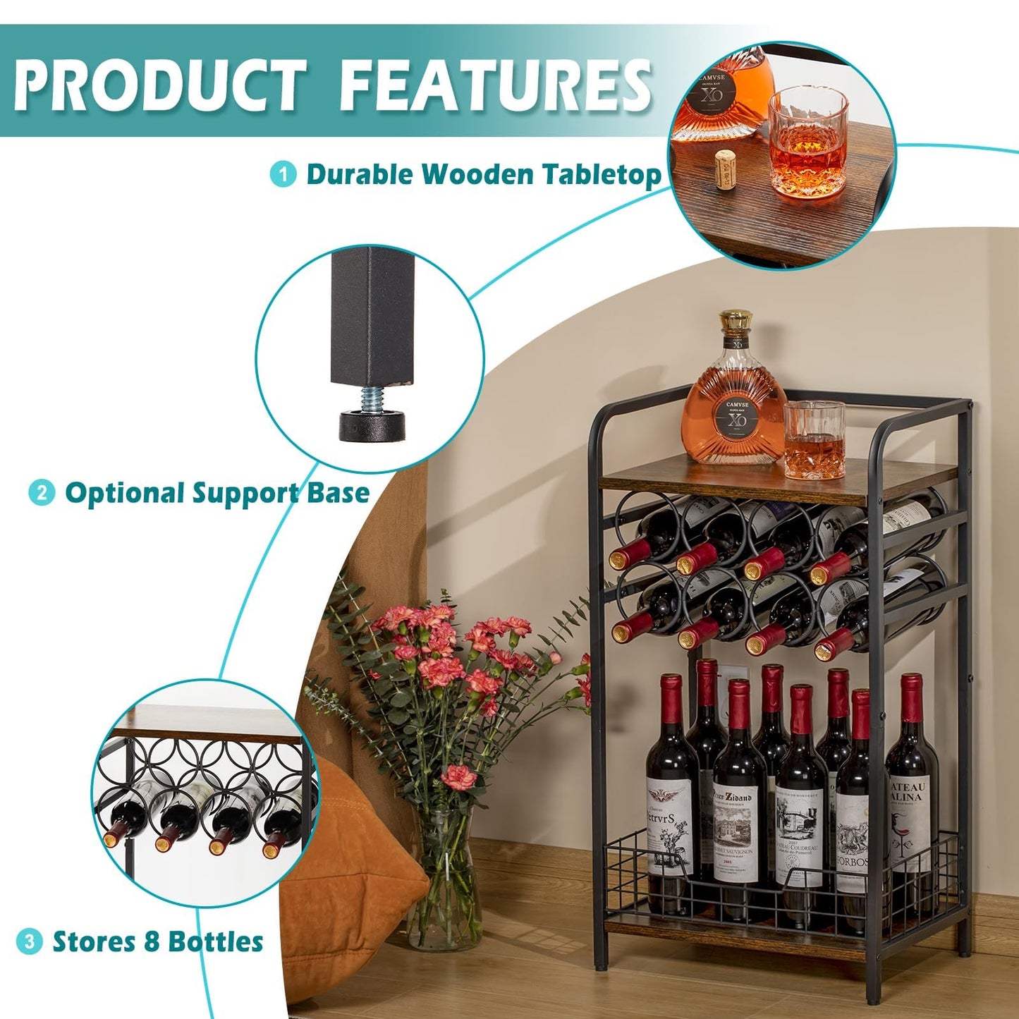 Bosimeca 3-Tier Wine Rack Freestanding Floor Cabinet Corner Bar Cabinet Bar Cart,12 Individual Wine Storage Bottle Compartments Corner Bar Cabinet Holder (3-Tier Wine Rack 07)