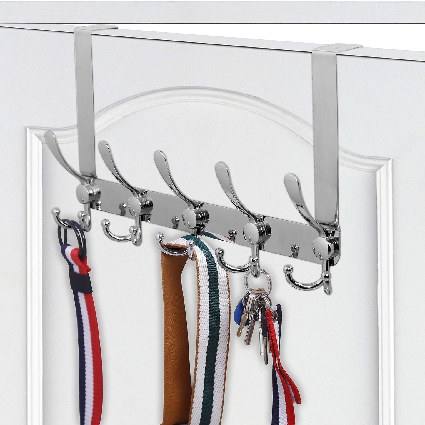WEBI Over The Door Hook Door Hanger Hook Rack with 5 Tri Hooks for Hanging Coats, Over Door Towel Rack Door Coat Towel Hanger Over Door Coat Rack,Silver,2 Packs