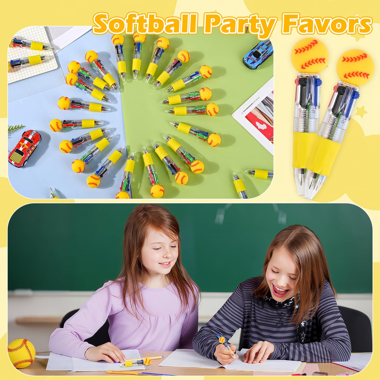 LiYiQ 100 Pcs Softball Party Favor Multicolor Pen in One Cartoon Cute Fun 4-in-1 Cute Pens Bulk Kawaii Softball Shape Cool Ballpoint Pens for Kids Fun Gifts