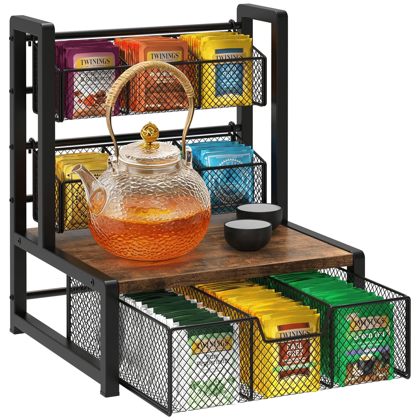 Homode Tea Bag Organizer, 3 Tier Tea Storage Container Box, Wood Tea Station Caddy, Teabag Holder Stand with Drawer Basket, Large Tea Chest Display Rack for Countertop Cabinet Office, Rustic Brown