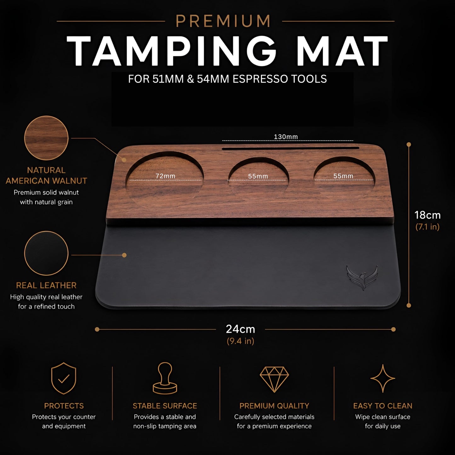 KNODOS 54mm Tamping Mat For Breville Espresso Machine Accessories Walnut & Leather Tamp Station Organizer with Multi-Slot Design for Espresso Tools Tamper, Distributor, Funnel & Puck Screens