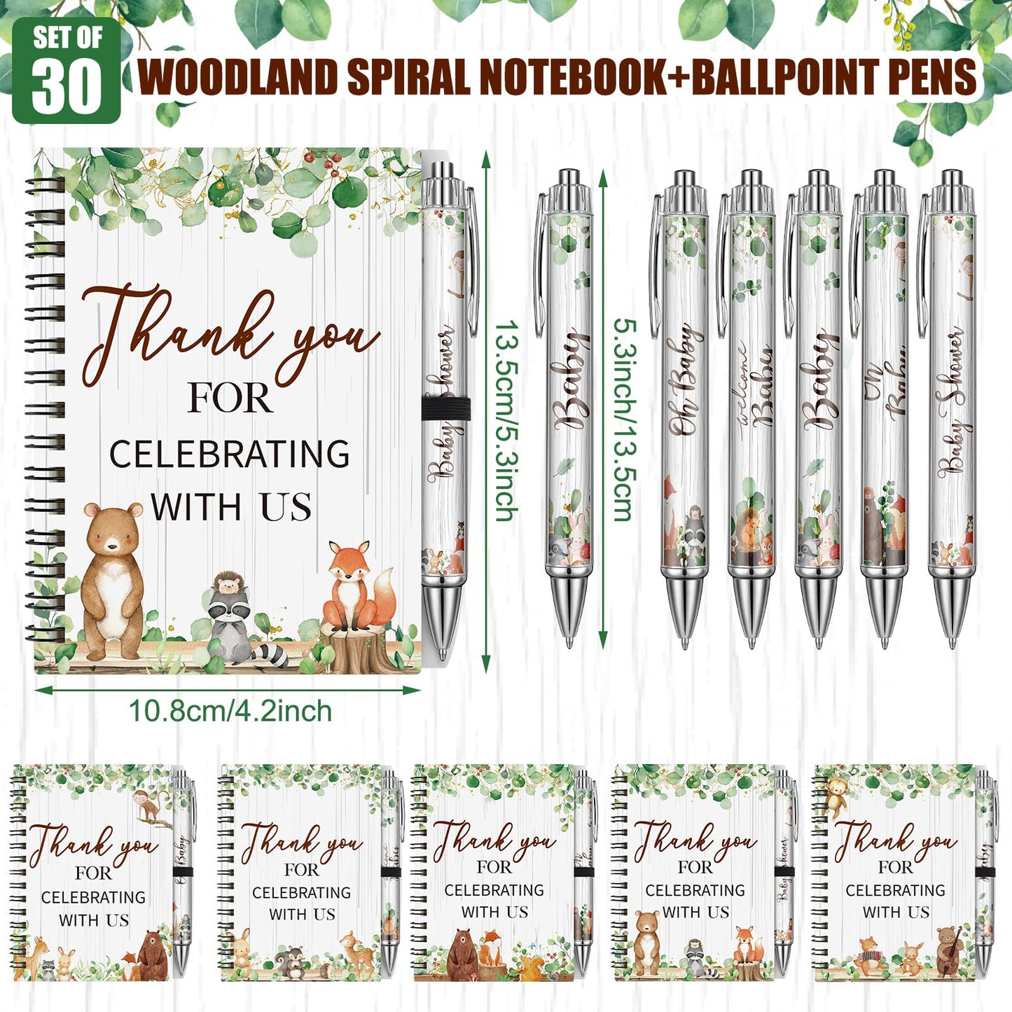 Skyygemm 60pcs/30 Set Woodland Animal Baby Shower Gifts bulk for Guests Includes Woodland Animal Small Spiral Notebook Bulk Forest Retractable Ballpoint Pen for Baby Shower Gender Reveal Guest