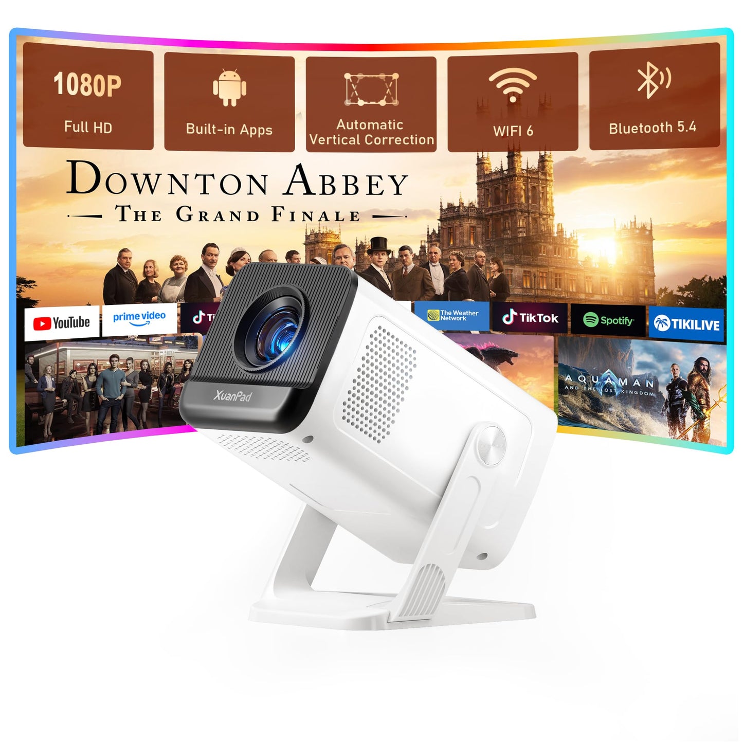 【Ivory Projector & Built-in Apps】 XuanPad Mini Projector with Wi-Fi and Bluetooth, Full HD 1080P Smart Portable Projector with 210° Stand, Auto Vertical Keystone, Compatible with HDMI/USB/TV Stick