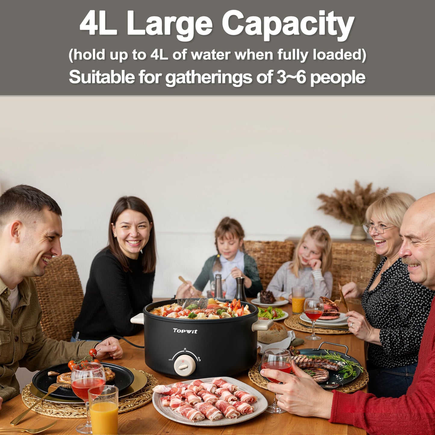 TOPWIT Hot Pot Electric, 4L Electric Pot with Non-Stick Coating, Dual Power Electric Cooker for Deep Frying, Steak, Pasta, Multi-Functional Large Capaity Shabu Shabu Pot for Party, Dark Black