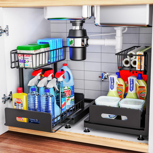 2 Pack Under Sink Organizers and Storage,Pull Out Cabinet Organizer,2-Tier Sliding Out Kitchen Basket Sink Shelf Cabinet Organizers Adjustable L Shape Counter Organizers for Bathroom Kitchen (Black)
