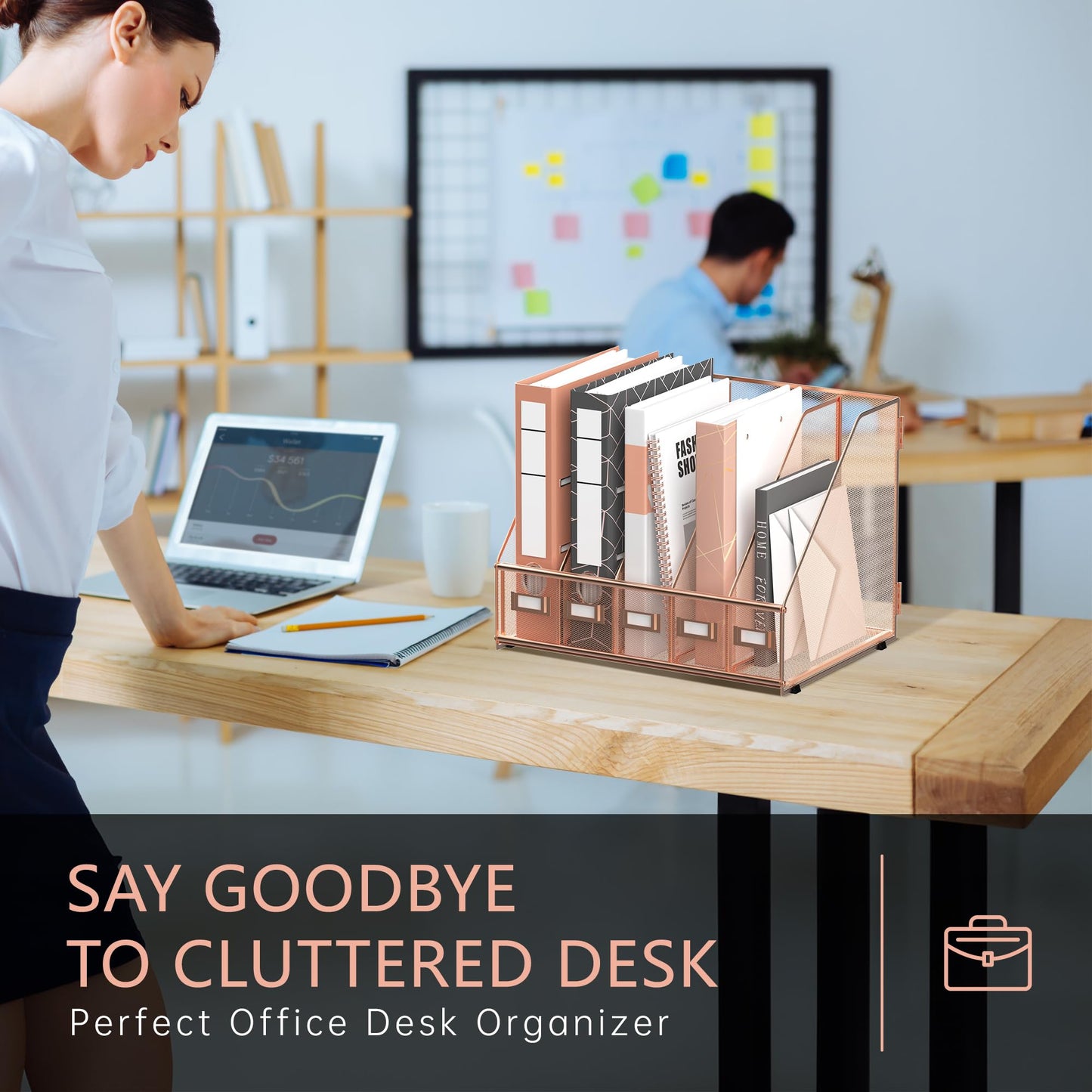 DALTACK Desk Organizers Metal Magazine File Holder with 5 Vertical Compartments Folder Storage Binder Organizer for Office Home School Organization, Rose Gold, Plus