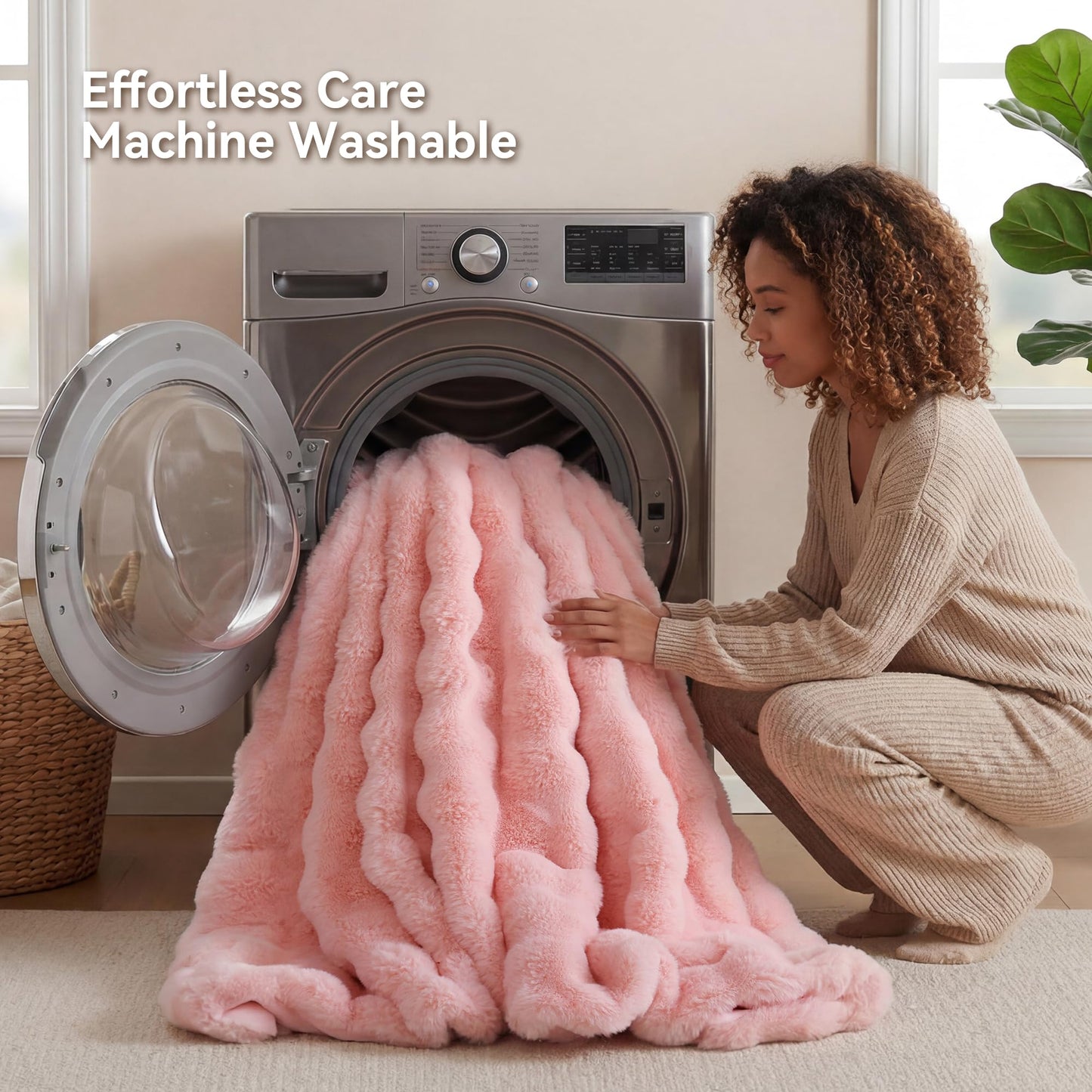 Smoofy Faux Fur Throw Blanket for Couch - Blush Pink Super Soft Cozy Bubble Blanket, Fluffy Plush Fuzzy Throw for Sofa & Bed, Thick Lightweight Warm Blanket, Luxury Aesthetic Gift for Women 60"x80"