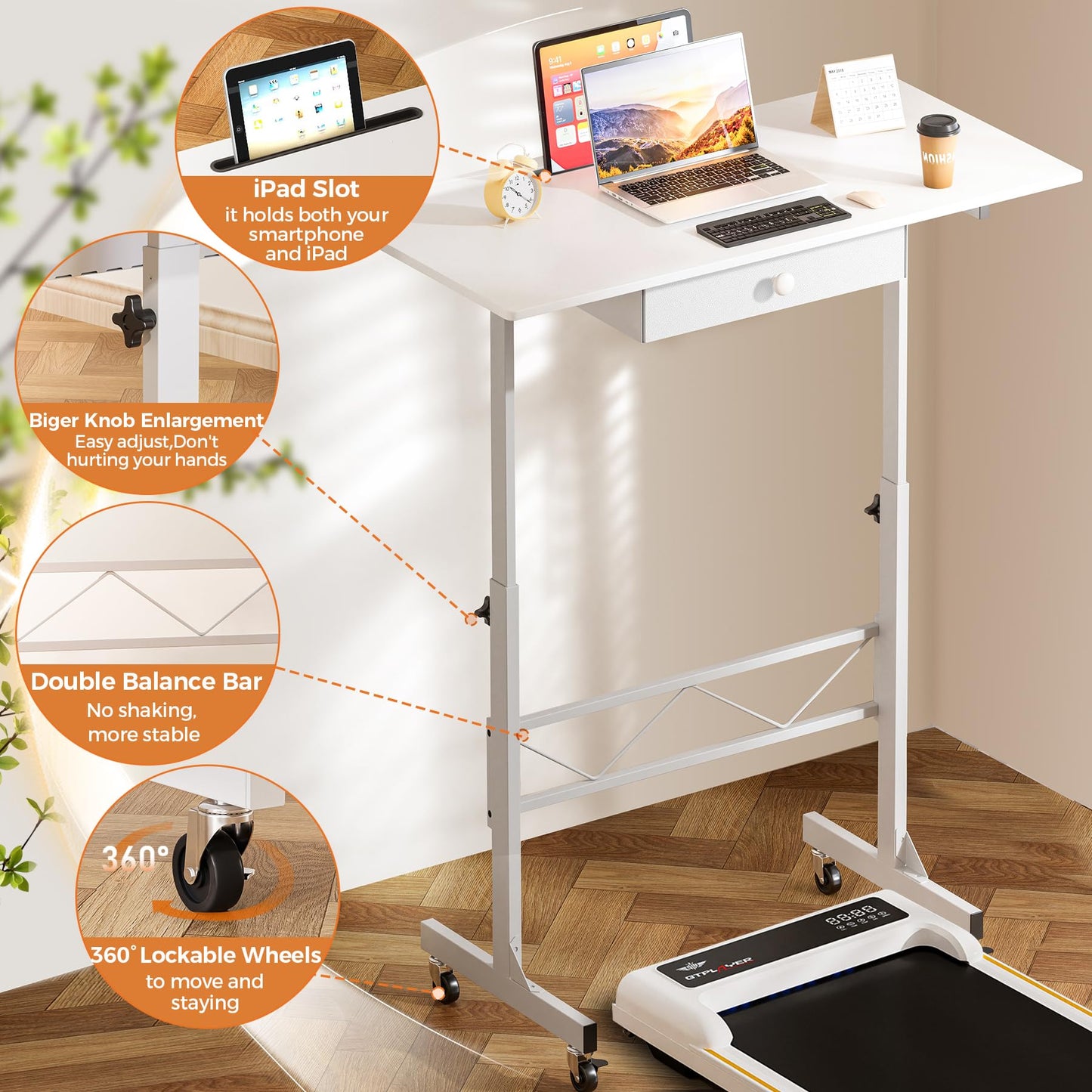 COMHOMA Small Standing Desk Adjustable Height Small Computer Desk Mobile Portable Rolling Laptop Table with Wheels 32" Computer Workstation Sit Stand Desks Portable Standing Table Treadmill desks