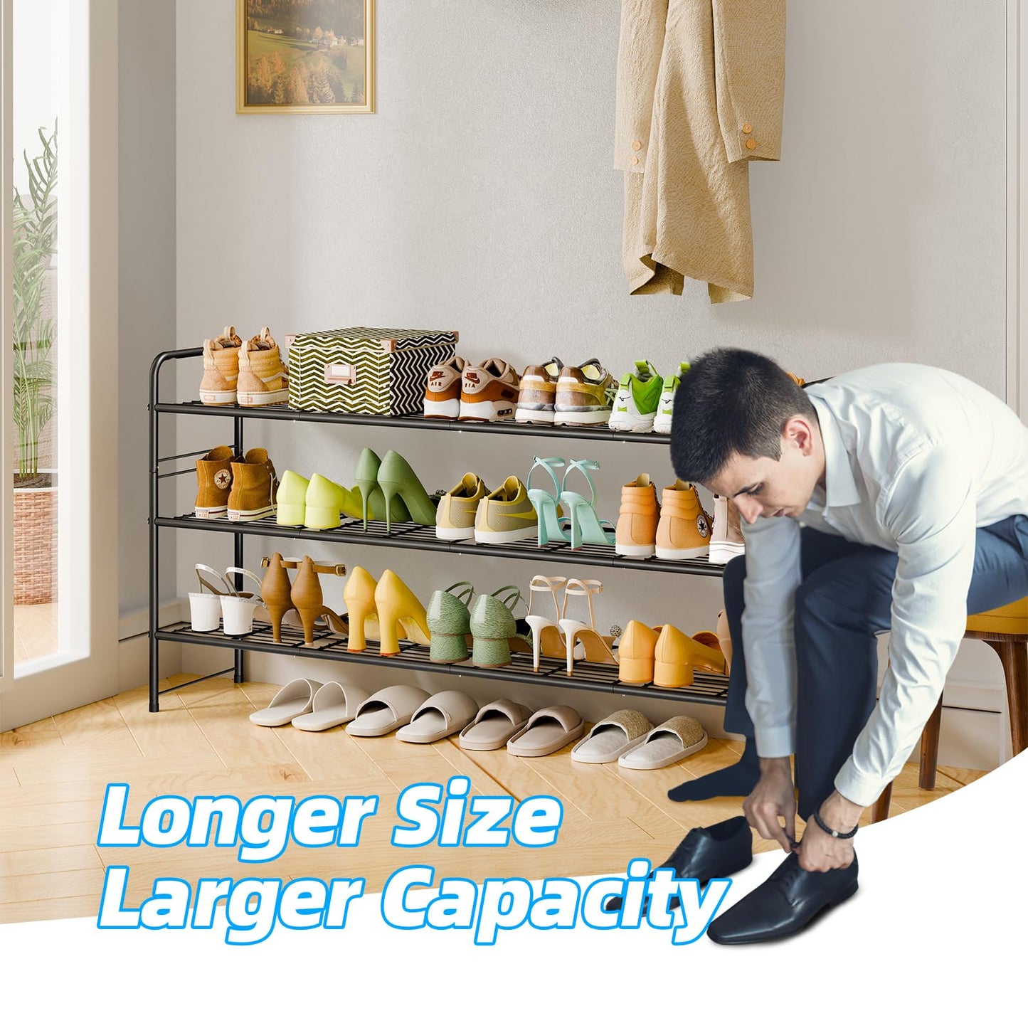 MWQ 3 Tier Shoe Rack for Closet, 44 Inch Extra Long Shoe Storage Organizer for Shelves, Heavy Duty Metal, Easy Assembly, Black