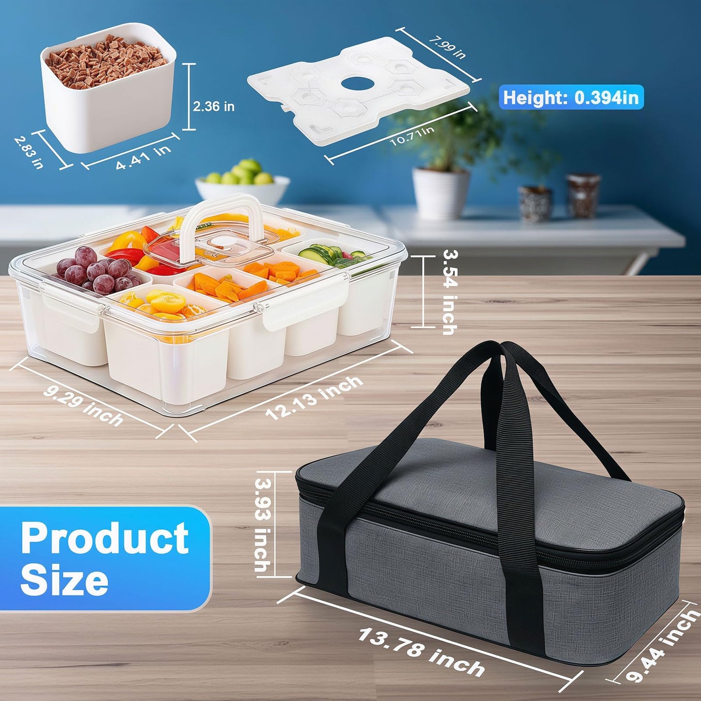 Portable Snackle Box Container with Ice Pack,Snack Container Divided Serving Tray Insulated Bag, Cooling Travel Snacklebox with Lid & Handle,8 Compartment Chilled Serving Tray for Beach,Outdoor,Picnic