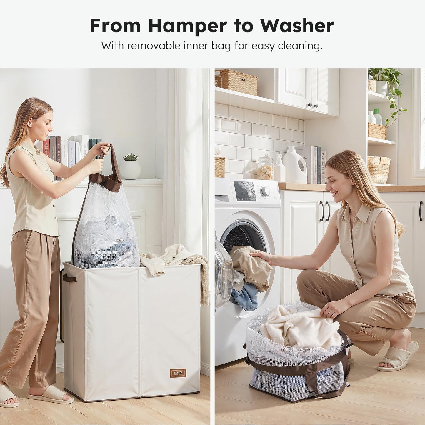 SOLEDI Large Double Laundry Hamper with Lid,165L Collapsible Clothes Hamper 2 section with Removable Bags, Space-Saving Laundry Basket for Bedroom, Dorm, College