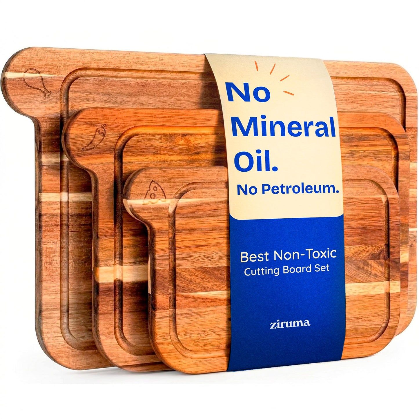 Non Toxic Cutting Boards - Cutting Board Set Free of Mineral Oil, Made of FSC Acacia Wood - Cutting Boards for Kitchen - Includes 3 Chopping Boards. By Ziruma