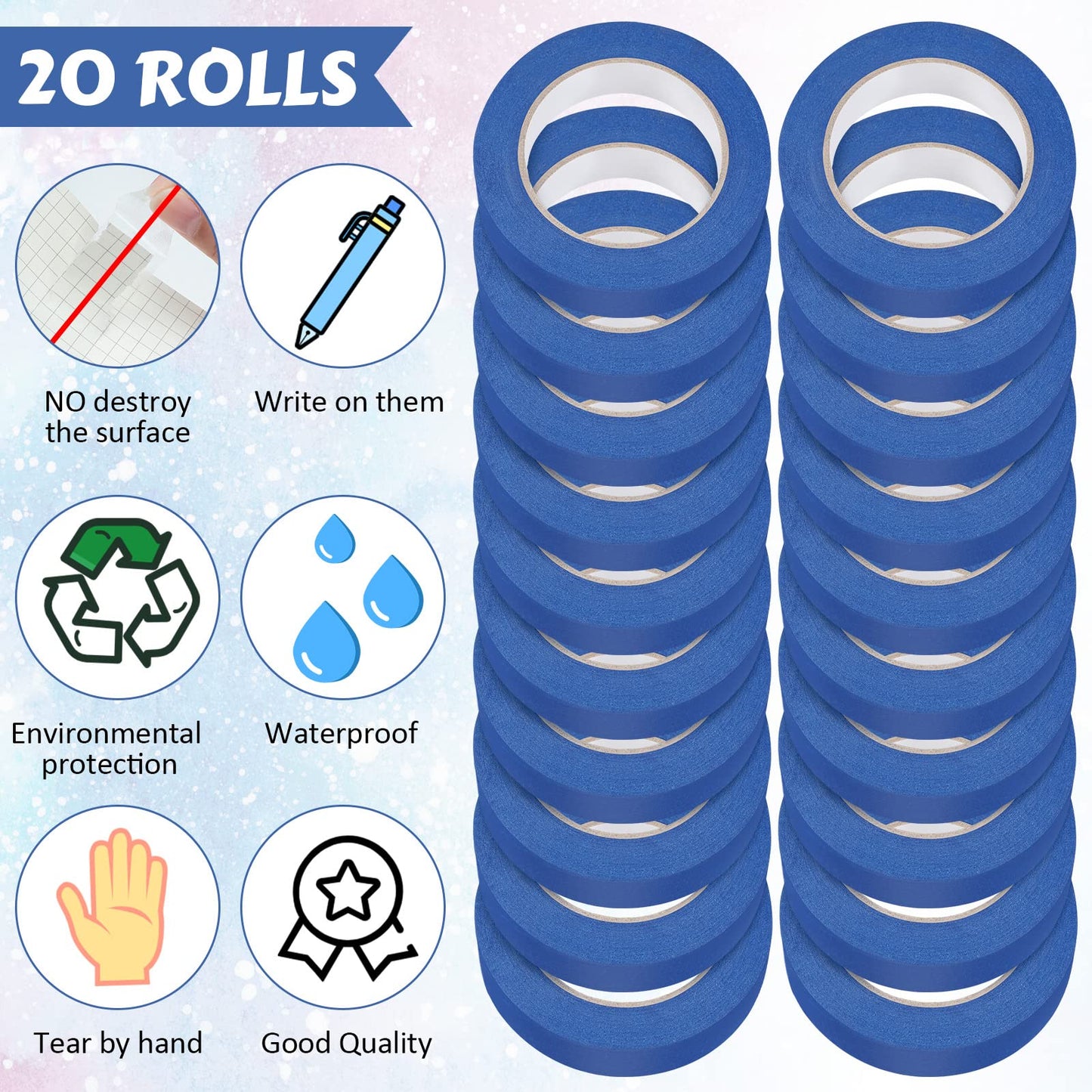 Fainne 20 Rolls Blue Painters Tape Bulk Multi Pack Safe Paint Paper Masking Tape for Wall Painting Decoration Supplies (Blue,1 Inch X 55 Yards)