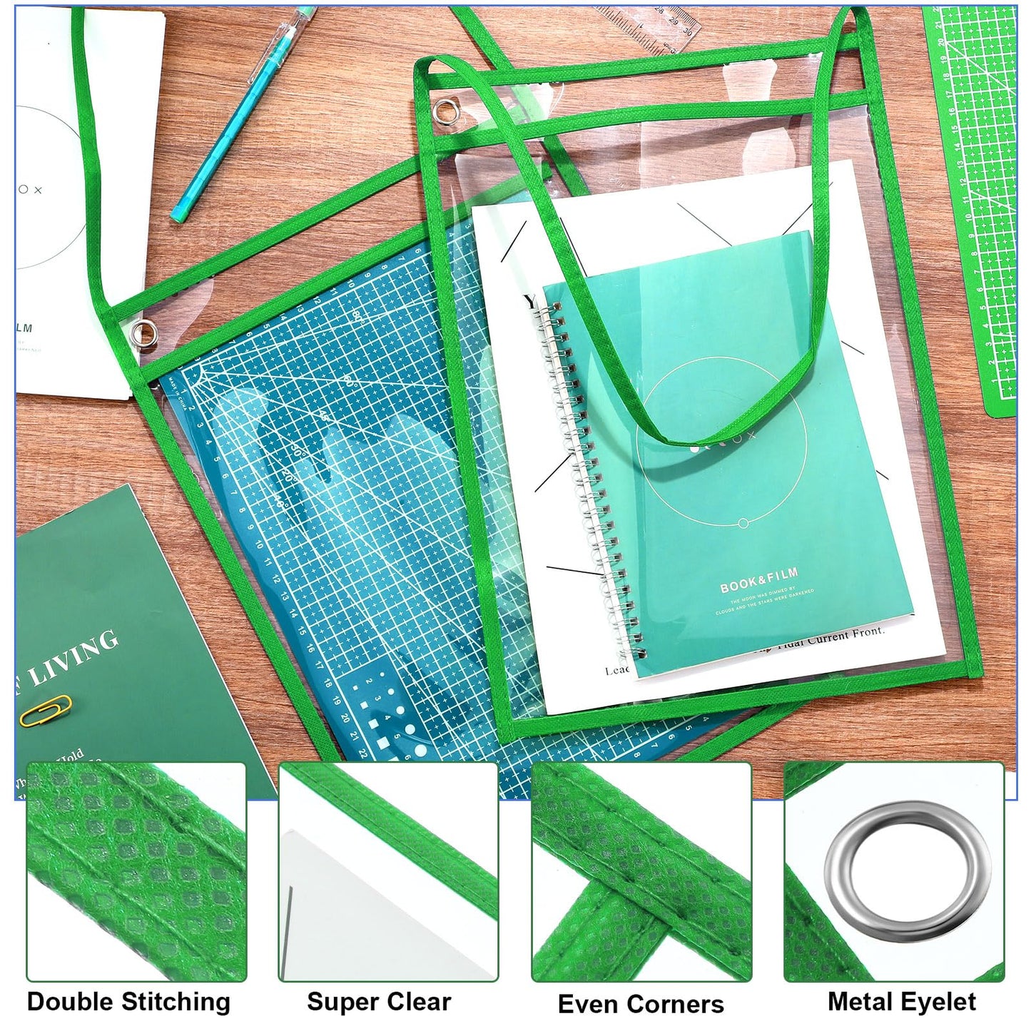 Epakh 30 Pack Office Products Shop Ticket Holders with Hanging Strap 9 x 12 Inches, Dry Erase Pockets, Job Ticket Holders, Both Sides Clear, Welcome to Work Order(Green)