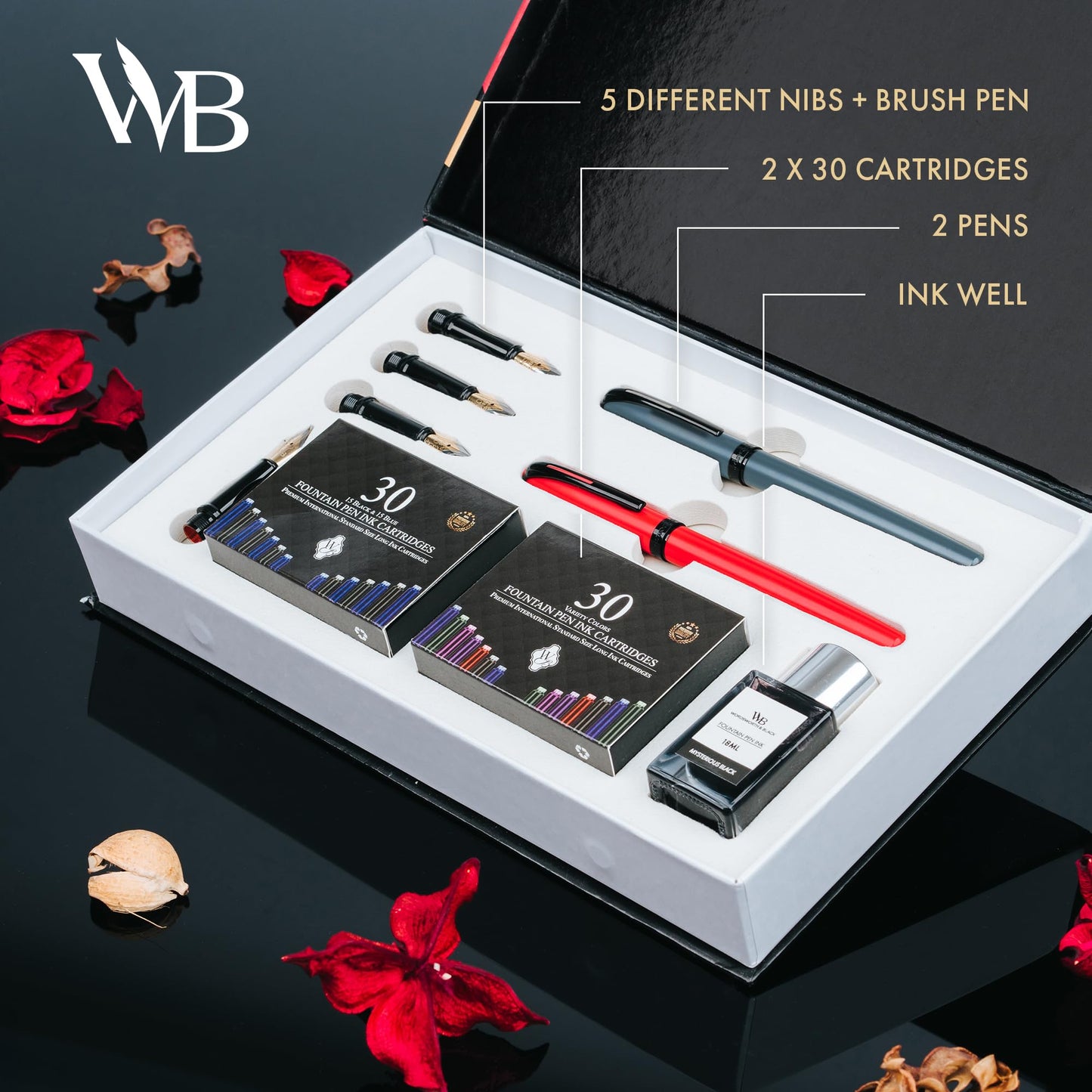 Wordsworth and Black Calligraphy Pen Set - Grey - Includes 2 Calligraphy Pens, 18 ML Ink Bottle, 60 Ink Cartridges, A Refill Converter, 1 Medium and 4 Broad Nibs, Brush Pen