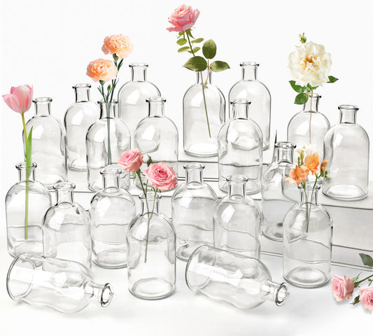 20 Pack Clear Glass Bud Vases for Centerpieces – Small Mini Flower Vases in Bulk, Vintage Decorative Bottle Vases for Table Decor, Home Accents, Wedding Reception, Party & Office Arrangements