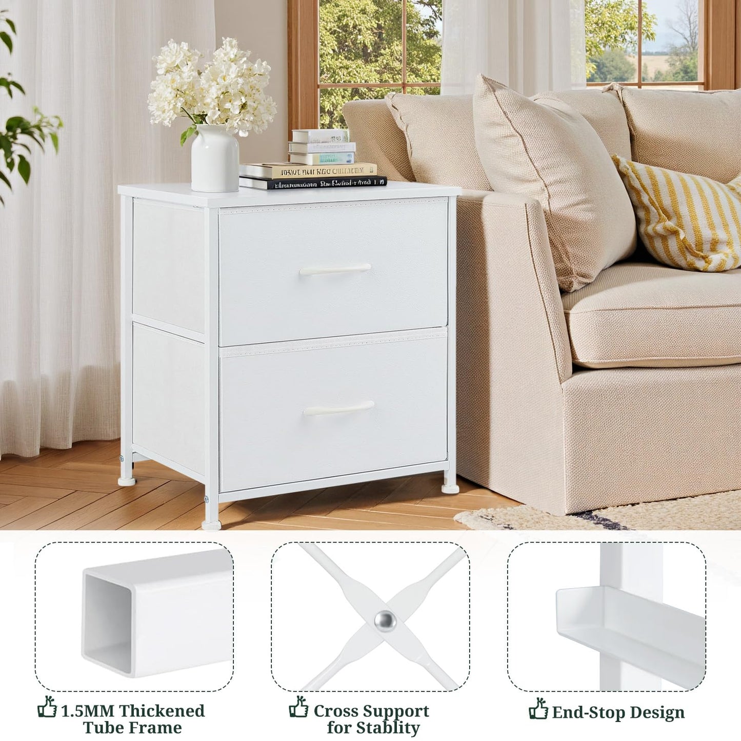 Nightstand Set of 2, Small 2 Drawer Dresser End Table Bedside Furniture, Wooden Top Fabric Bins for Bedroom, Closet, Entryway, Dorm, 11.8" D x 18" W x 20", White