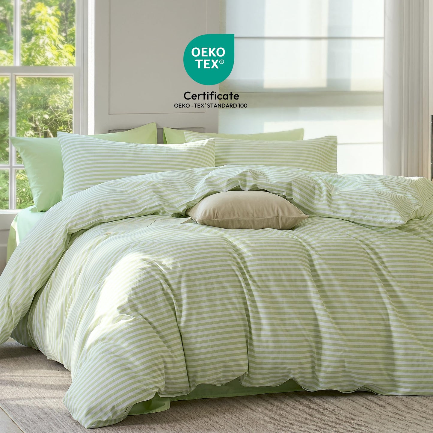JELLYMONI Striped Duvet Cover Set - Queen Size Comforter Cover, Classic Sage Green & White Stripes, 100% Cotton 3 Pcs Bedding with Zipper Closure & 8 Corner Ties for Master or Guest Bedroom