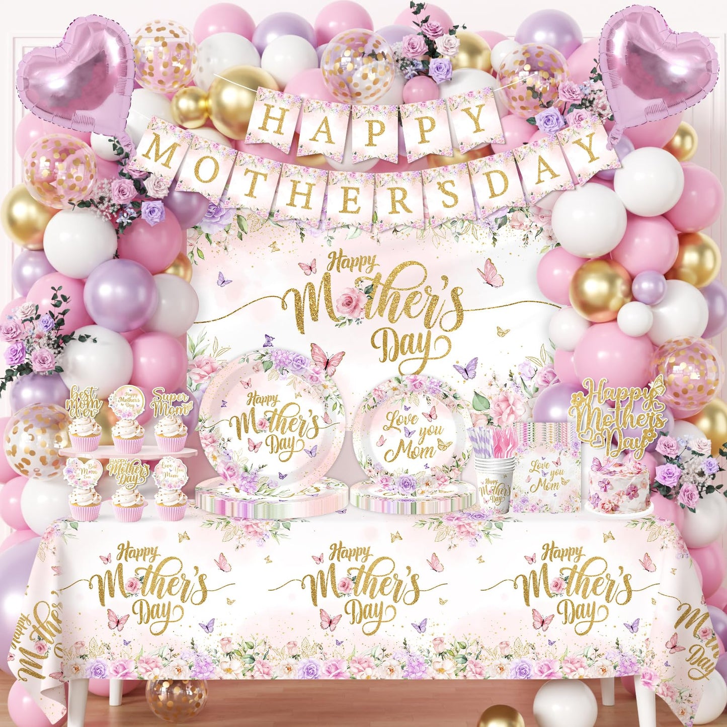259Pcs Mothers Day Decorations for Party - Purple and Pink Floral Happy Mother's Day Paper Plates and Napkins Mothers Day Balloon Arch,Banners,Cake Toppers for Best Mom Ever Party Favor 24 Guests