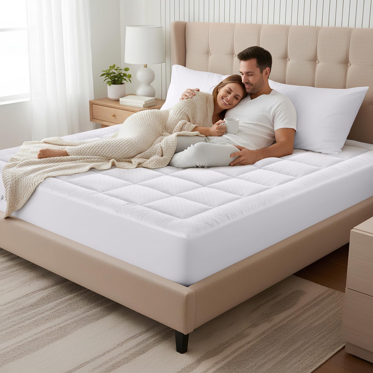 OLANLY King Quilted Fitted Mattress Pad – Soft Pillow Top Mattress Topper, Down Alternative Fill, Cooling Comfort Breathable Mattress Cover, Machine Washable Deep Pocket Mattress Protector, White