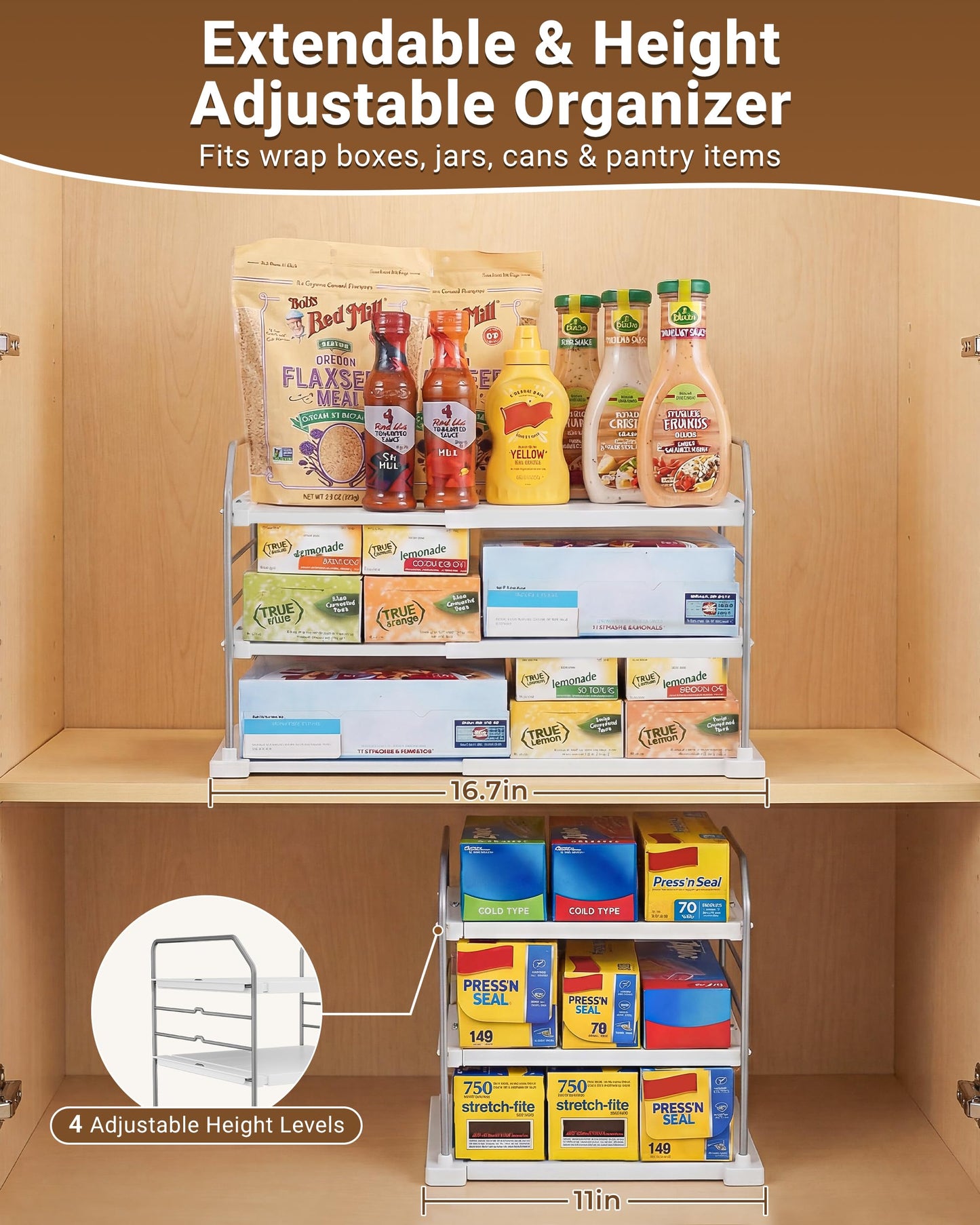 EVERIE Extendable 3-Tier Kitchen Cabinet & Pantry Organizer for Plastic Wrap, Foil & Storage Bags, Adjustable Heavy Duty Shelf Rack for Wrap Boxes, Jars & Snack Boxes (11–16.7 in Wide), Pack of 2