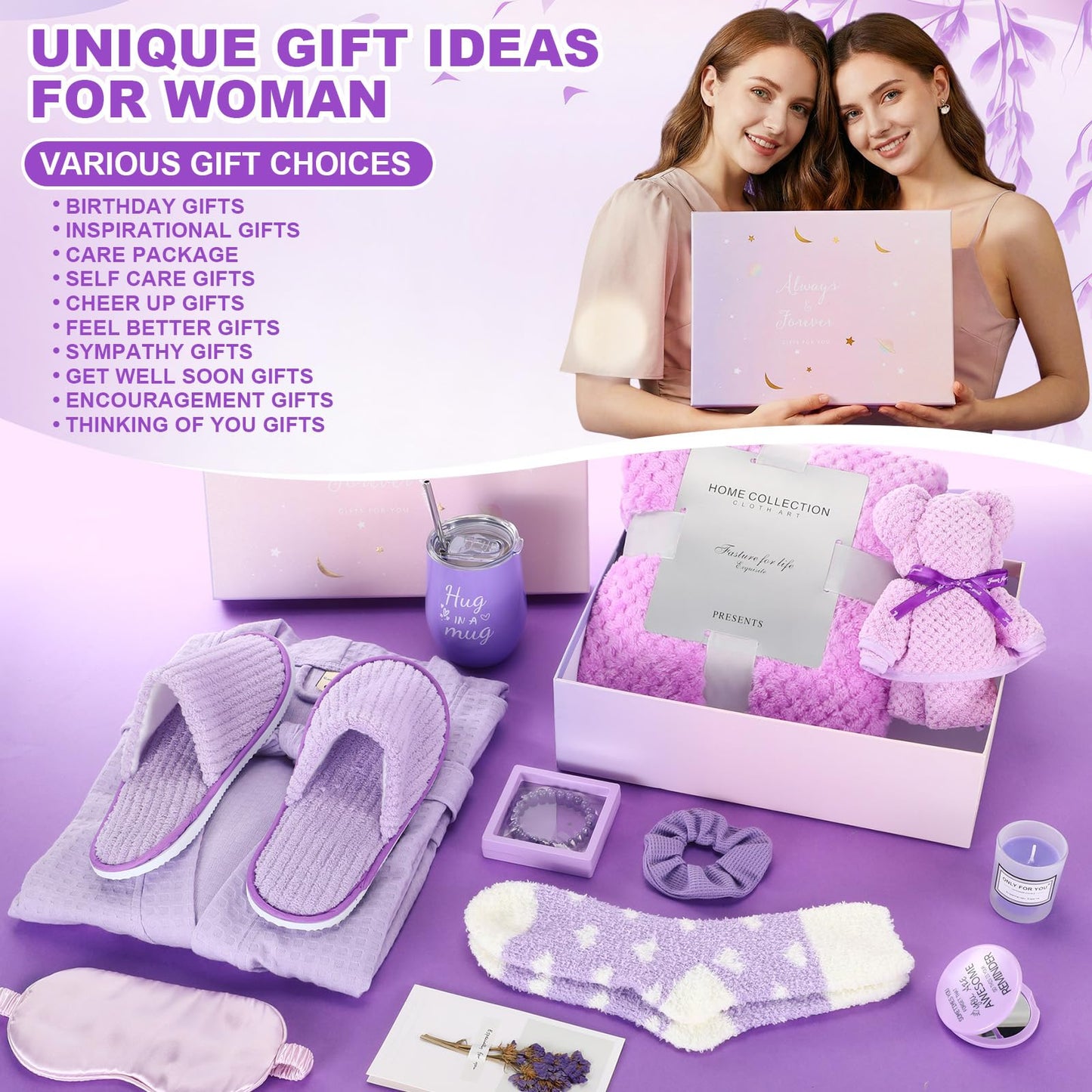 Sieral 14 Pcs Birthday Gifts for Women Care Blanket Gifts Set Spa Baskets Get Well Soon Gift Baskets Mother's Day Gift for Women Mom Her Girlfriend Sister Daughter Friend Wife Grandma(Plain,Purple)