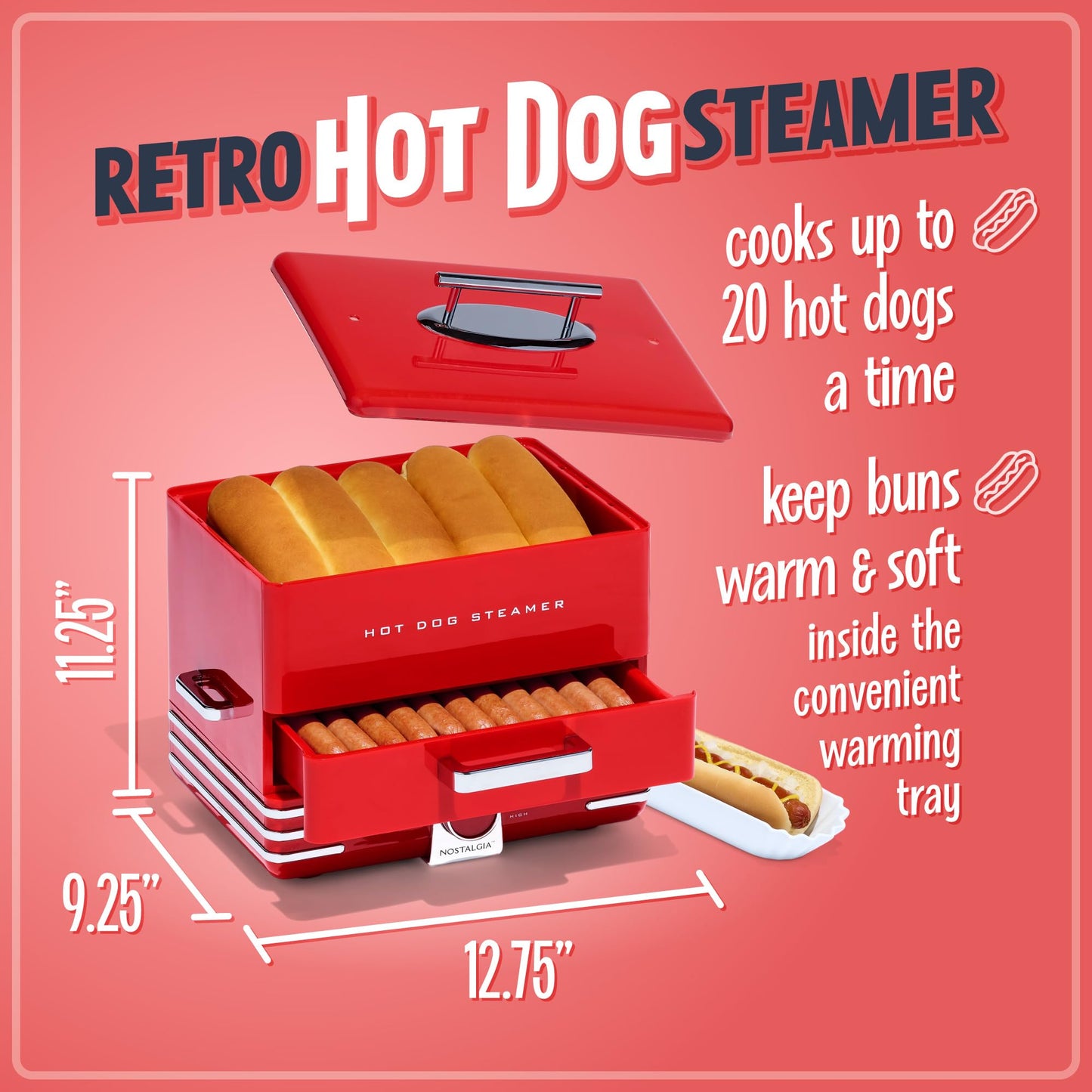 Nostalgia Extra Large Diner-Style Steamer Cooks 20 Hot Dogs & 6 Buns- Hot Dog Steamer for Breakfast Sausages, Brats, Vegetables & Fish- Bun Warmer Steamer Perfect for Game Days or Parties- Red