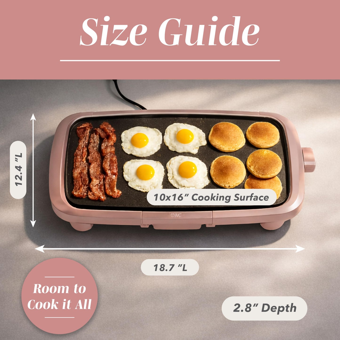 COOK WITH COLOR Electric Griddle 1200W, Nonstick Surface for Pancakes, Burgers, Eggs & More, Removable Temperature Control, Slide-Out Drip Tray, 10" x 16" Cooking Area, Dusty Rose