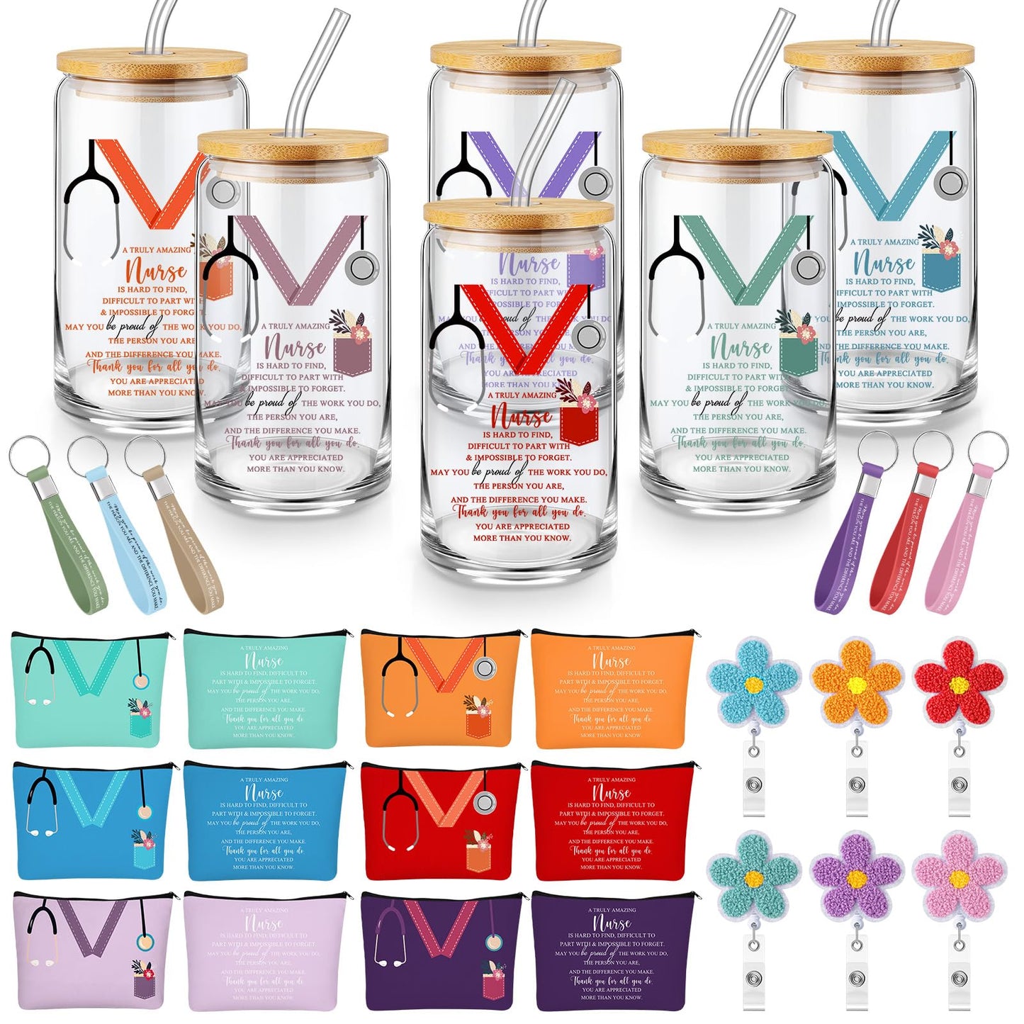 Tiangrid 4 Pcs CNA Week Appreciation Gifts Set 16 oz Glass Cup with Lid Makeup Bag Keychain Badge Reel Happy CNA Week Party for Medical Assistant Nursing Student(24 Pcs,Multicolor,Stethoscope)