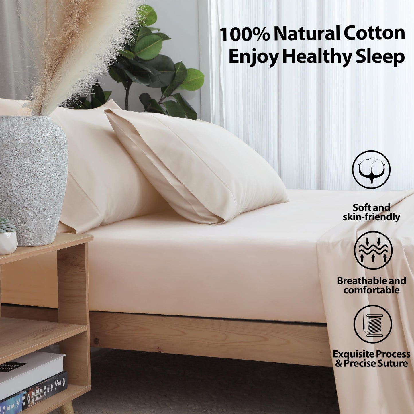 2-Pack Pure Cotton Twin XL Bottom Sheet for Adjustable Bed Split King, 600 TC 16" Deep Pocket Egyptian Cotton Fitted Sheet (2-Pack, Twin XL, Beige)