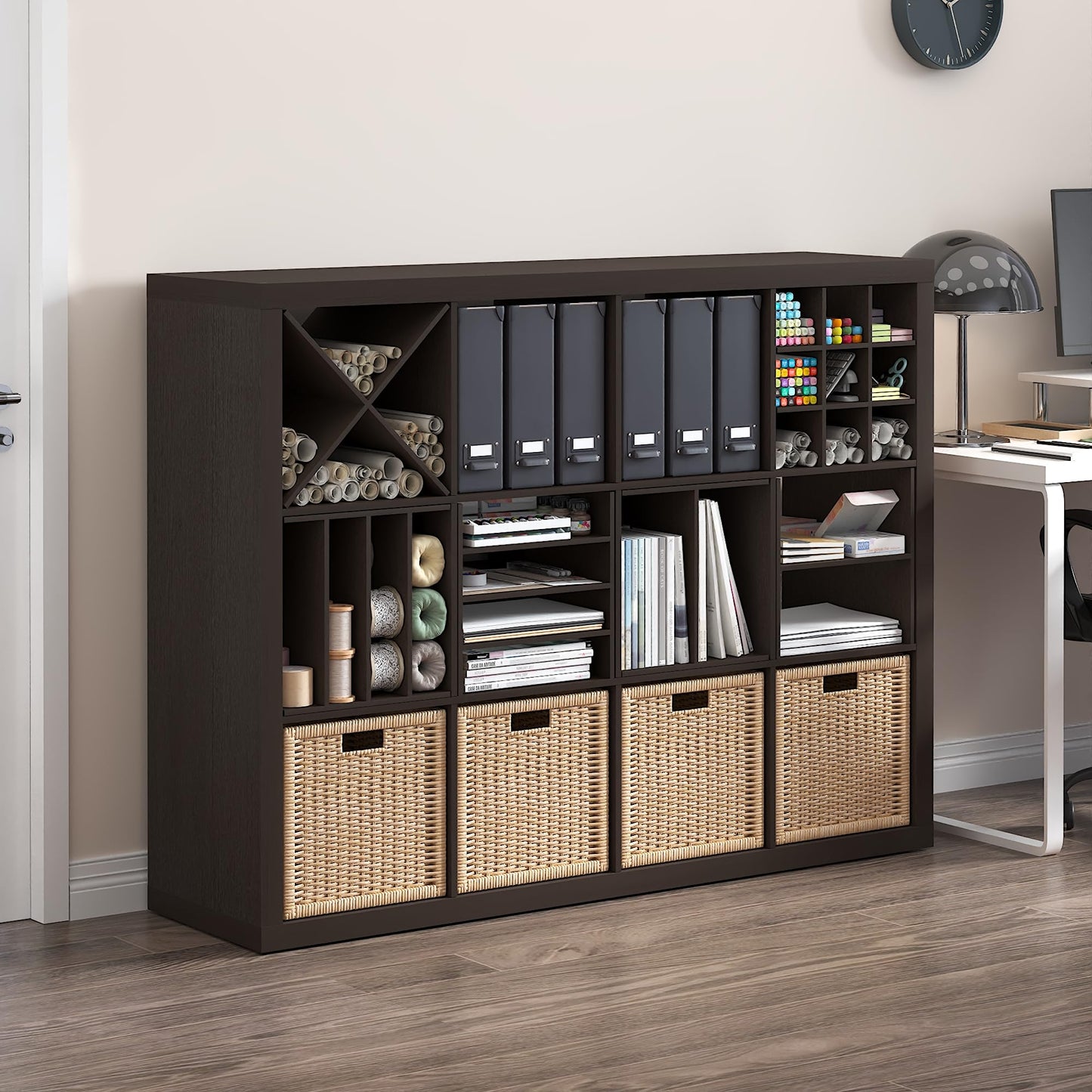 Furinno Cubicle Cube Insert, 3-Shelf Cube Organizer, 3-Tier Shelf Accessory, Fits into Furinno Triple Thick Cubes, IKEA Kallax, for Organizers and Storage, Black Dark Oak