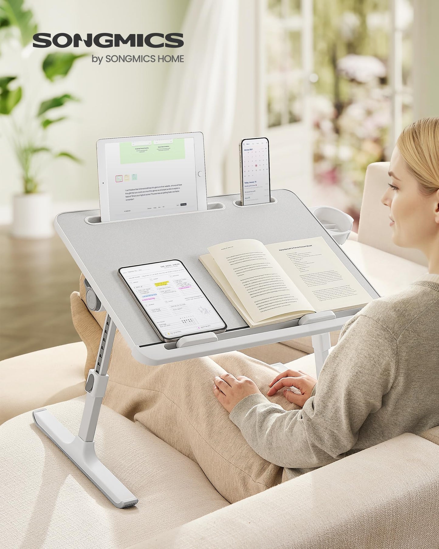 SONGMICS Bed Laptop Desk, Foldable Bed Desk for Laptop, 15.7 x 22 Inches Large Desktop, 120° Stepless Tilt, Adjustable Height, Cup Holder, Tray, Portable Bed Sofa Table, Gray ULLD113GZ01
