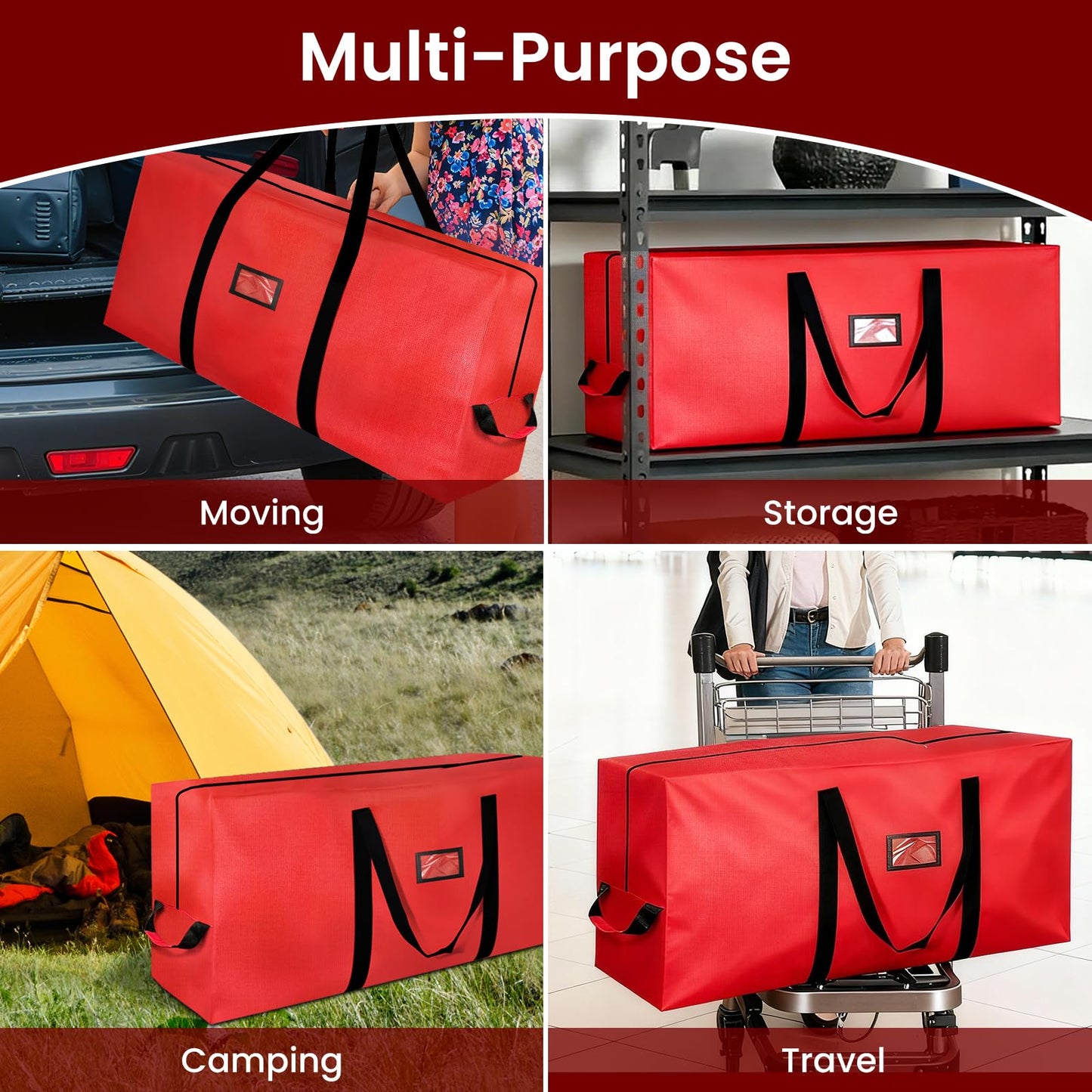 Christmas Tree Storage Bag, 9FT Large Christmas Tree Bag 600D with Reinforced Handles, Heavy Duty 9 Foot Tree Bags for Storage Waterproof Xmas Tree Box, Dual Zippers, Wide Opening, Red