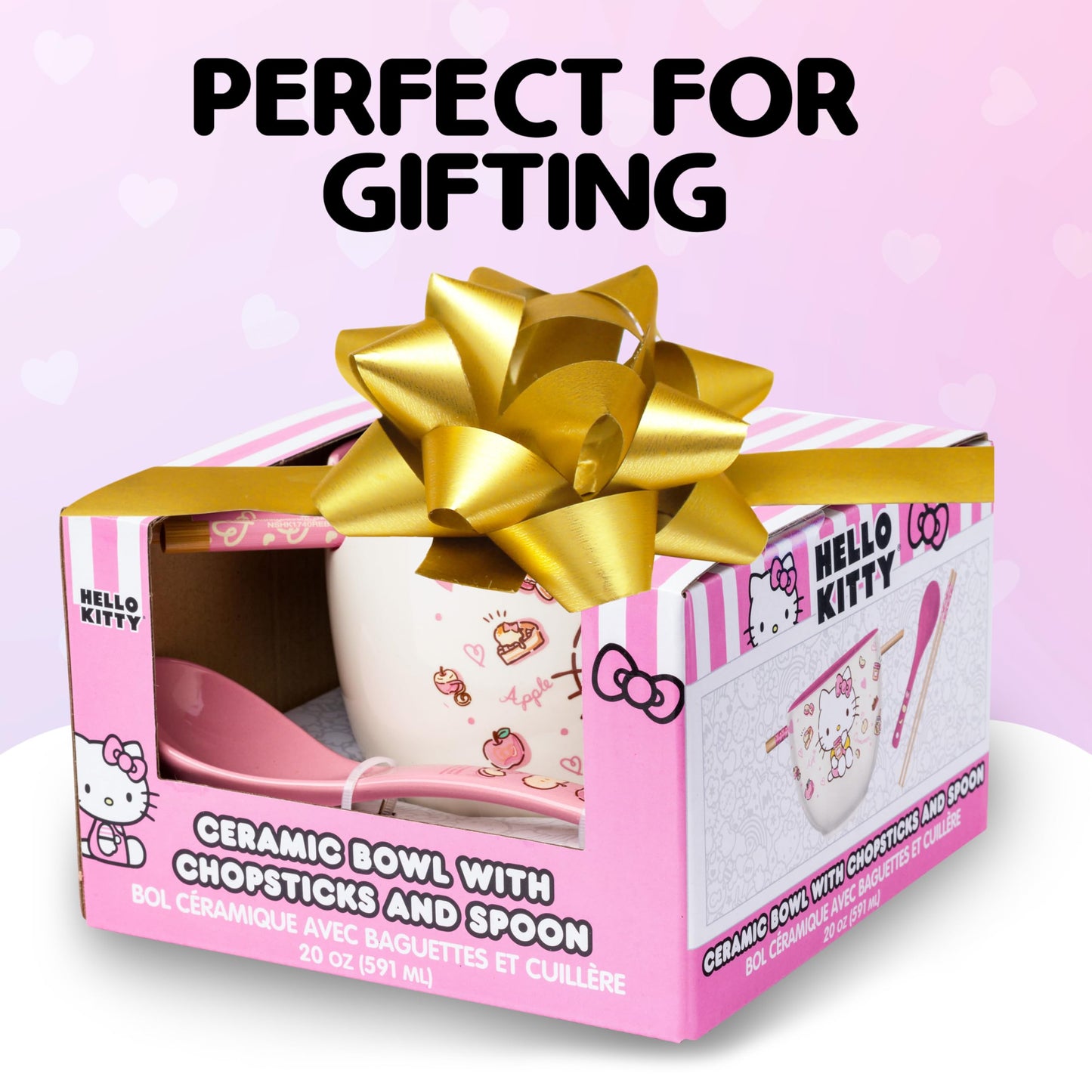 Silver Buffalo Sanrio Hello Kitty Apples and Cinnamon Ceramic Ramen Noodle Rice Bowl with Chopsticks and Spoon, Microwave Safe, 20 Ounces