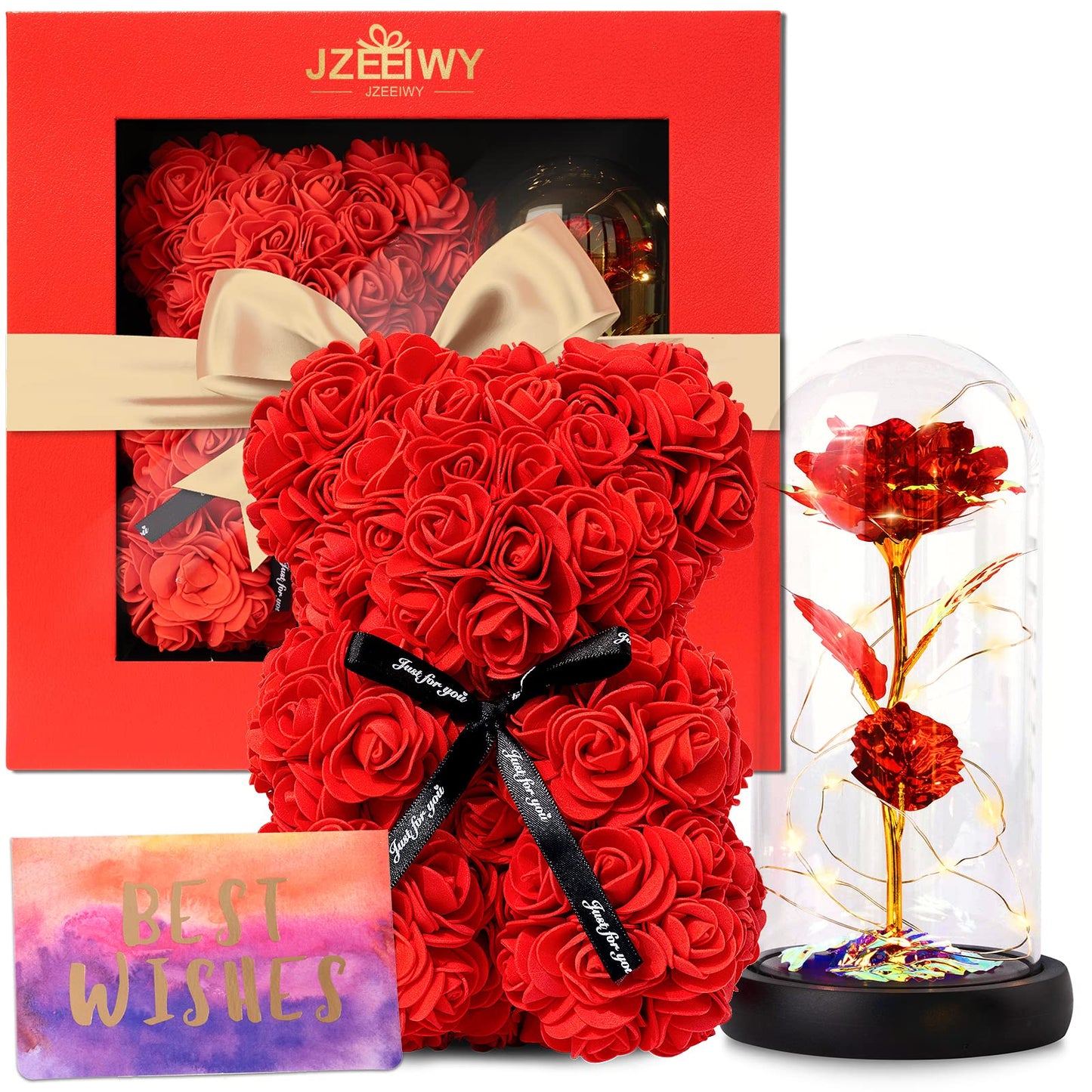 JZEEIWY Flower Rose Bear for Mom,Perfect Birthday Romantic Gift for Wife Daughter Girlfriend Friend Her,Light up Rose in Glass Dome for Birthday Anniversary Mothers Day Valentines Day