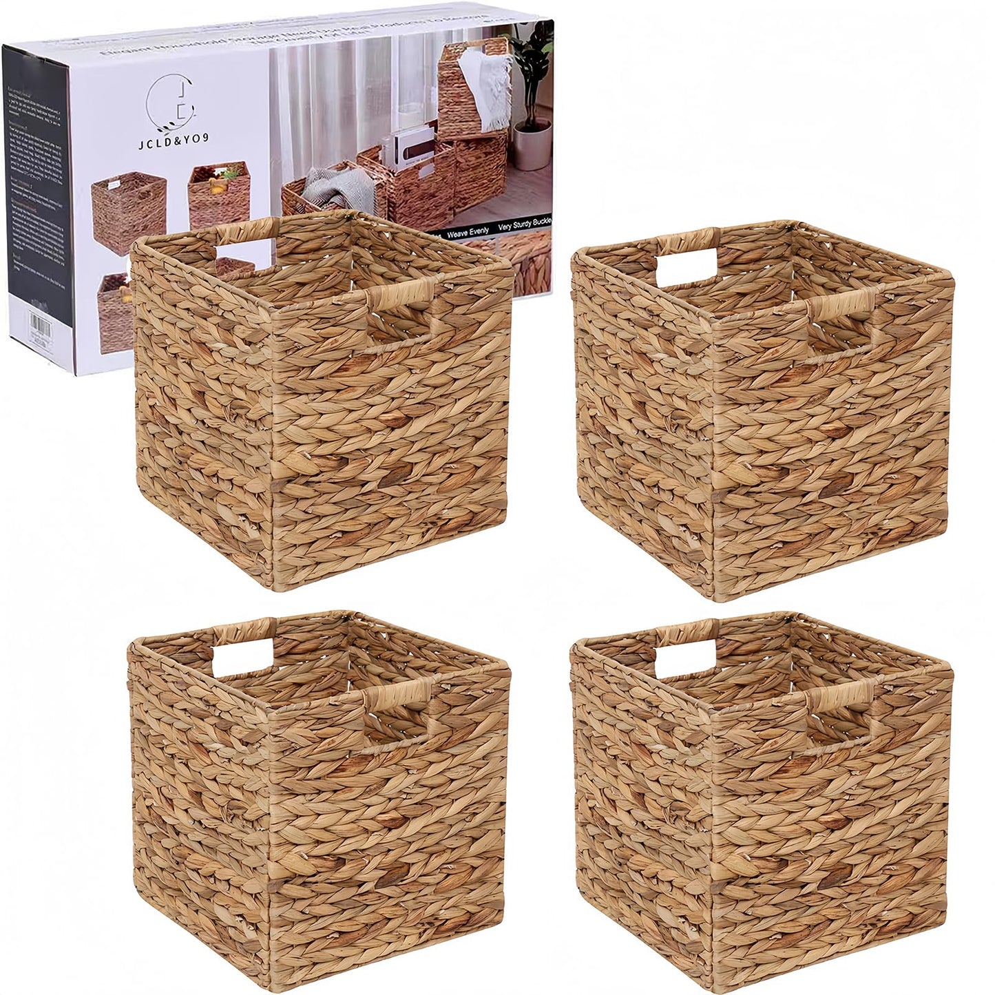 12x12in Storage Baskets Set of 4 Water Hyacinth Baskets,Foldable Handwoven Storage Cubes,Wicker Cube Baskets Laundry Organizer Totes for Home