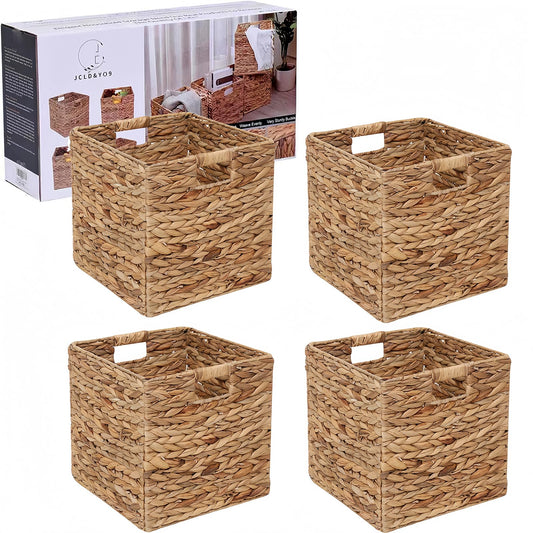12x12in Storage Baskets Set of 4 Water Hyacinth Baskets,Foldable Handwoven Storage Cubes,Wicker Cube Baskets Laundry Organizer Totes for Home