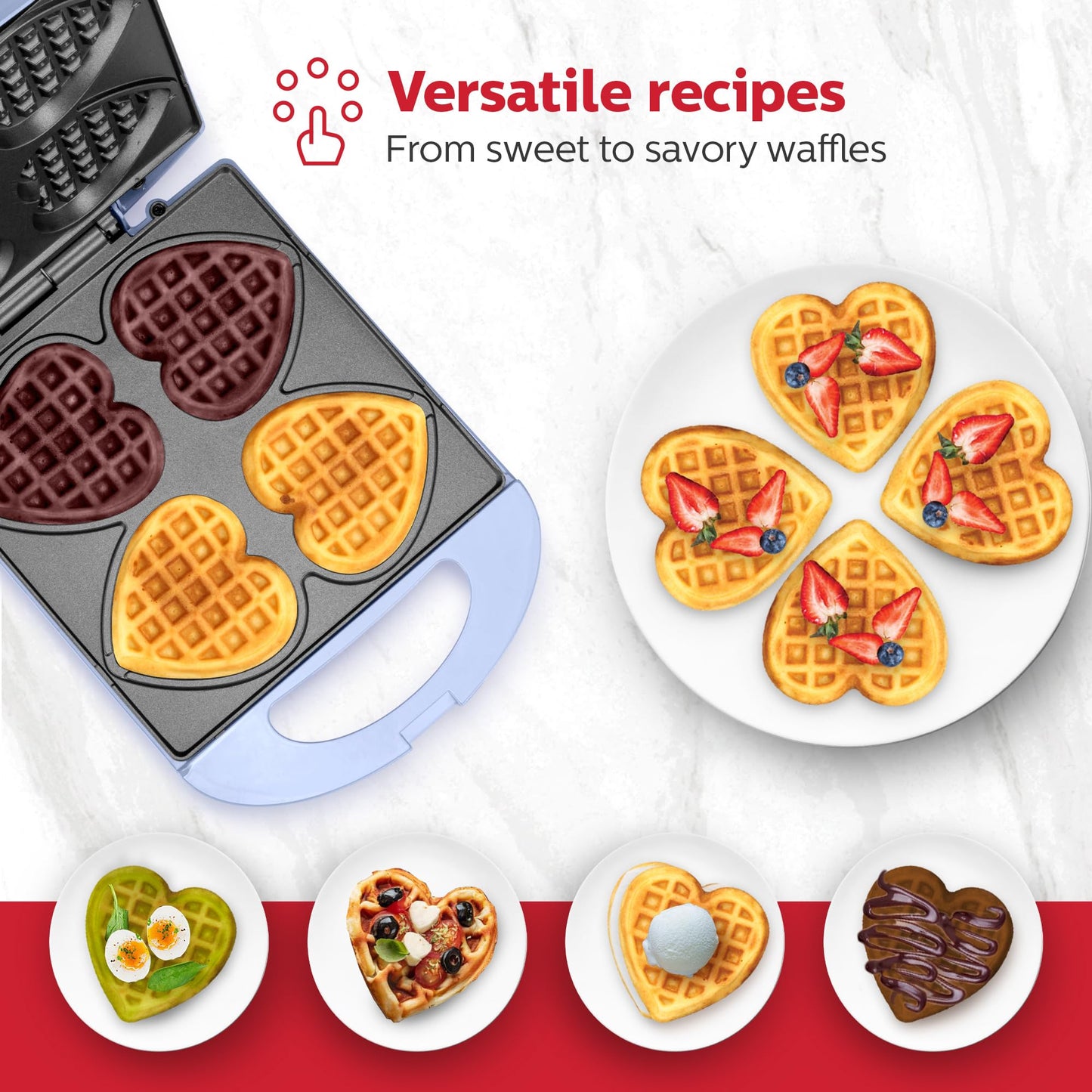 Holstein Housewares - Non-Stick Heart Waffle Maker, 120 Volts, Lavender - Makes 4 Heart-Shaped Waffles in Minutes