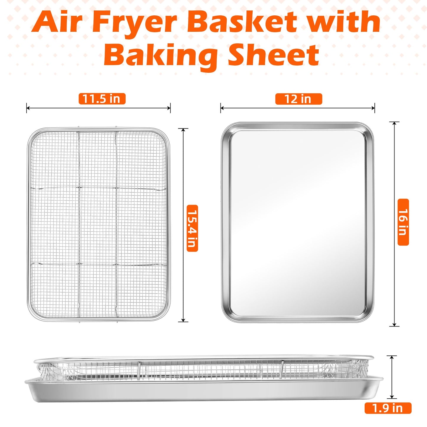 TeamFar Air Fryer Basket for Oven, 16”x12” Stainless Steel Air Fryer Basket and Tray, Oven Air Fryer Rack with Baking Pan for Cooking Baking Broiling Grilling, Heavy Duty & Dishwasher Safe